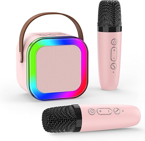 Kussla Máquina de karaoke con 2 micrófonos inalámbricos, mini máquina de karaoke portátil Bluetooth, altavoz de karaoke con luces LED, micrófono
