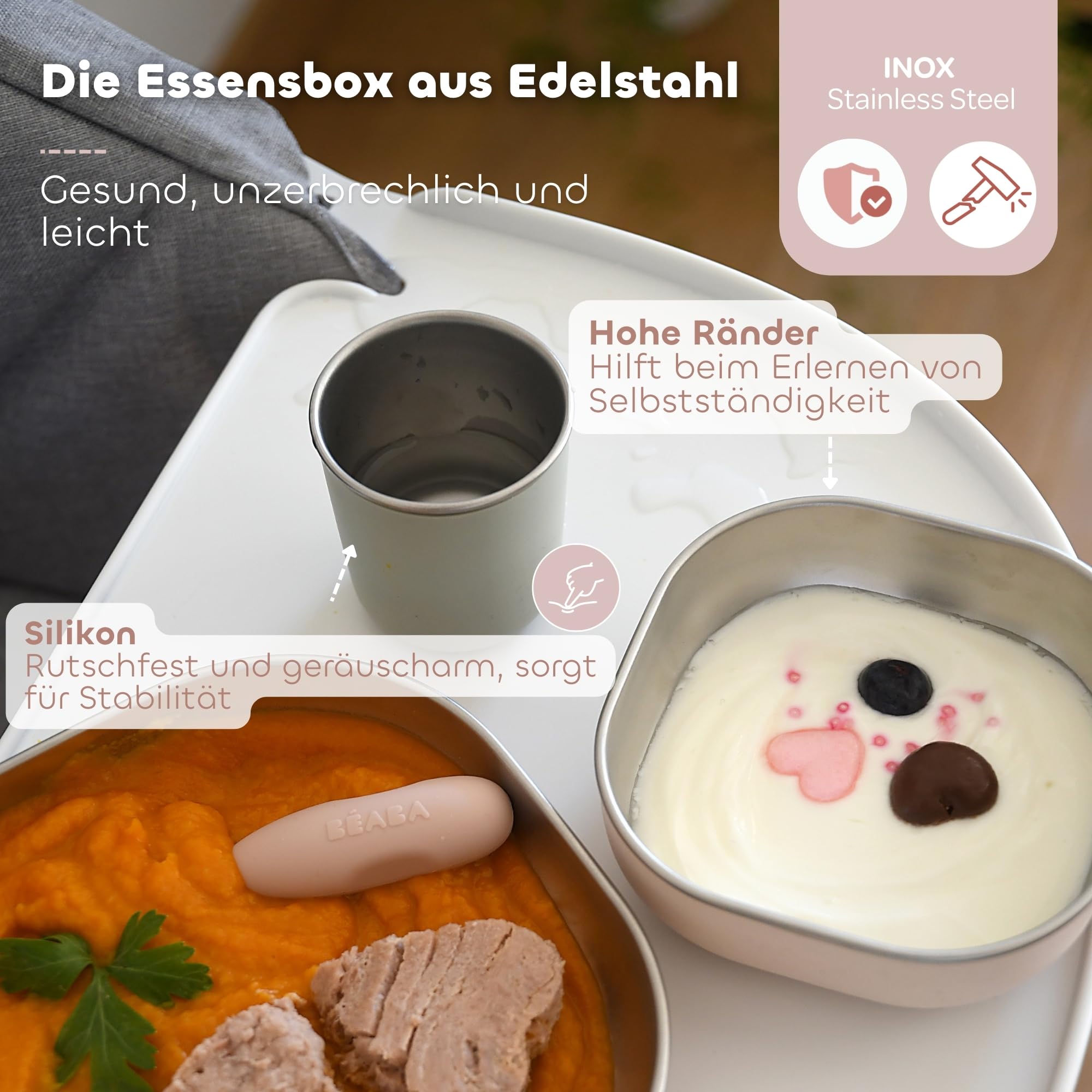 BÉABA Baby-Essensset Edelstahl 3-teilig – Glas + 2 Teller mit Silikonhülle, Mikrowellen- & Spülmaschinengeeignet, Leicht, Bruchsicher & Rutschfest – Farbe Barbapapa