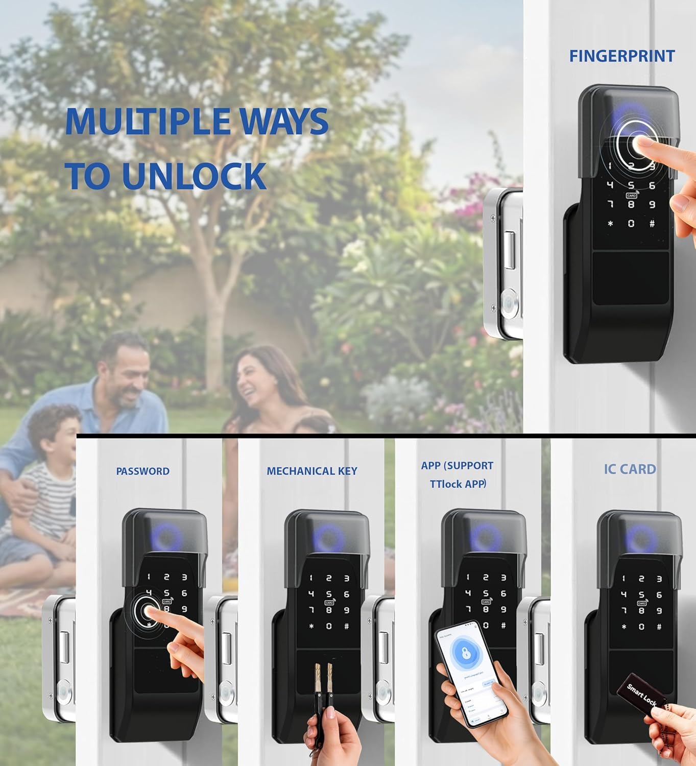 Smart Latch Serrure de portail double face, sans clé à empreintes digitales avec clavier, mot de passe et carte IC – Pêne dormant électronique étanche pour clôture extérieure (noir