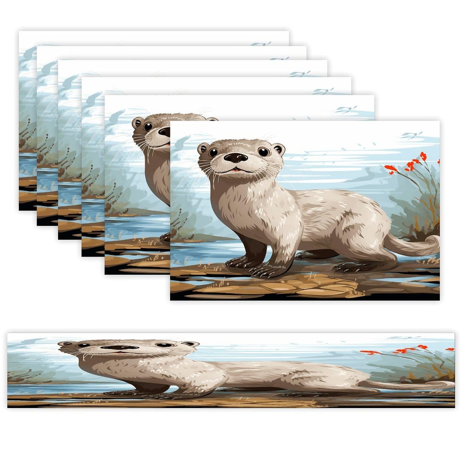 Otter Placemats Set of 7 Exquisite Linen Table Mat Seven Piece Set Includes 13"x71" Fashion Table Runner and 12"x18" Place Mat Decor for Kitchen Dining Room