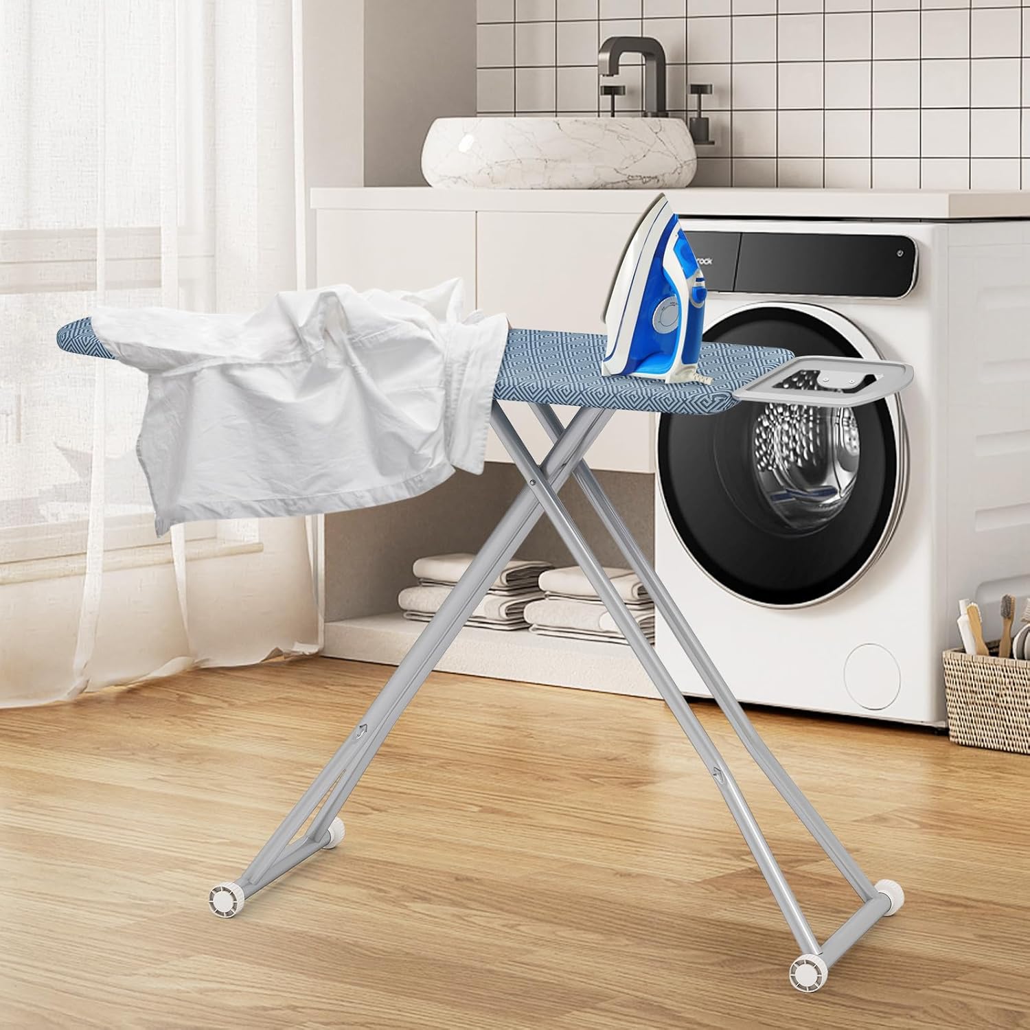 Giantex Ironing Board with Iron Rest, 57'' x 16.5'' Carbon Steel Iron Board with 4 Layer Heat Resistant Cover and Pad, 7 Adjustable Heights, Non-Slip Legs, Folding Heavy Duty Ironing Boards, Blue