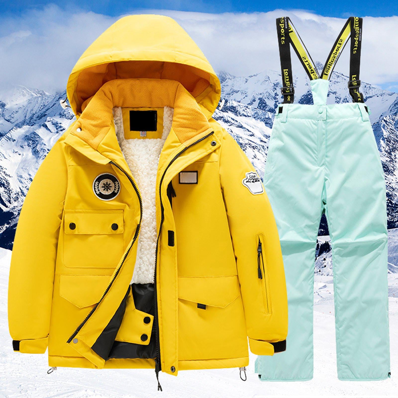 Tuta da Sci Bambini Tuta da Neve 2 Pezzi da Bambini Capppotto Piumino Salopette da Neve Bambini con Cappuccio Pellicia in Pile Giacca Multitasche e Pantaloni Invernali Tute da Neve Calde Invernali