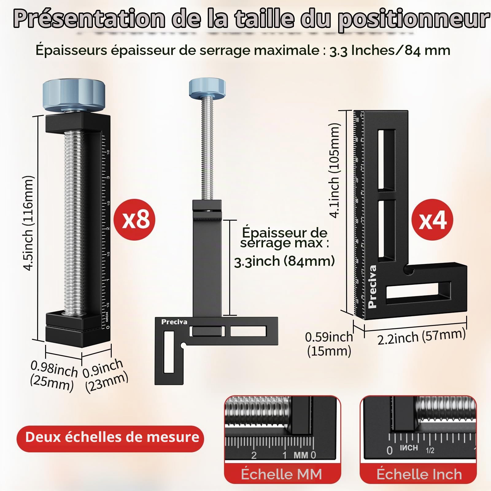 Preciva Bloc de Positionnement à 90 Degrés - Serre Joint D'angle Noir pour Travail à Bois, Pince de Fixation à Angle Droit pour Boîtes, Cadres Photos, Armoires, Tiroirs - 4 Ensembles (10cm/4.1inch)