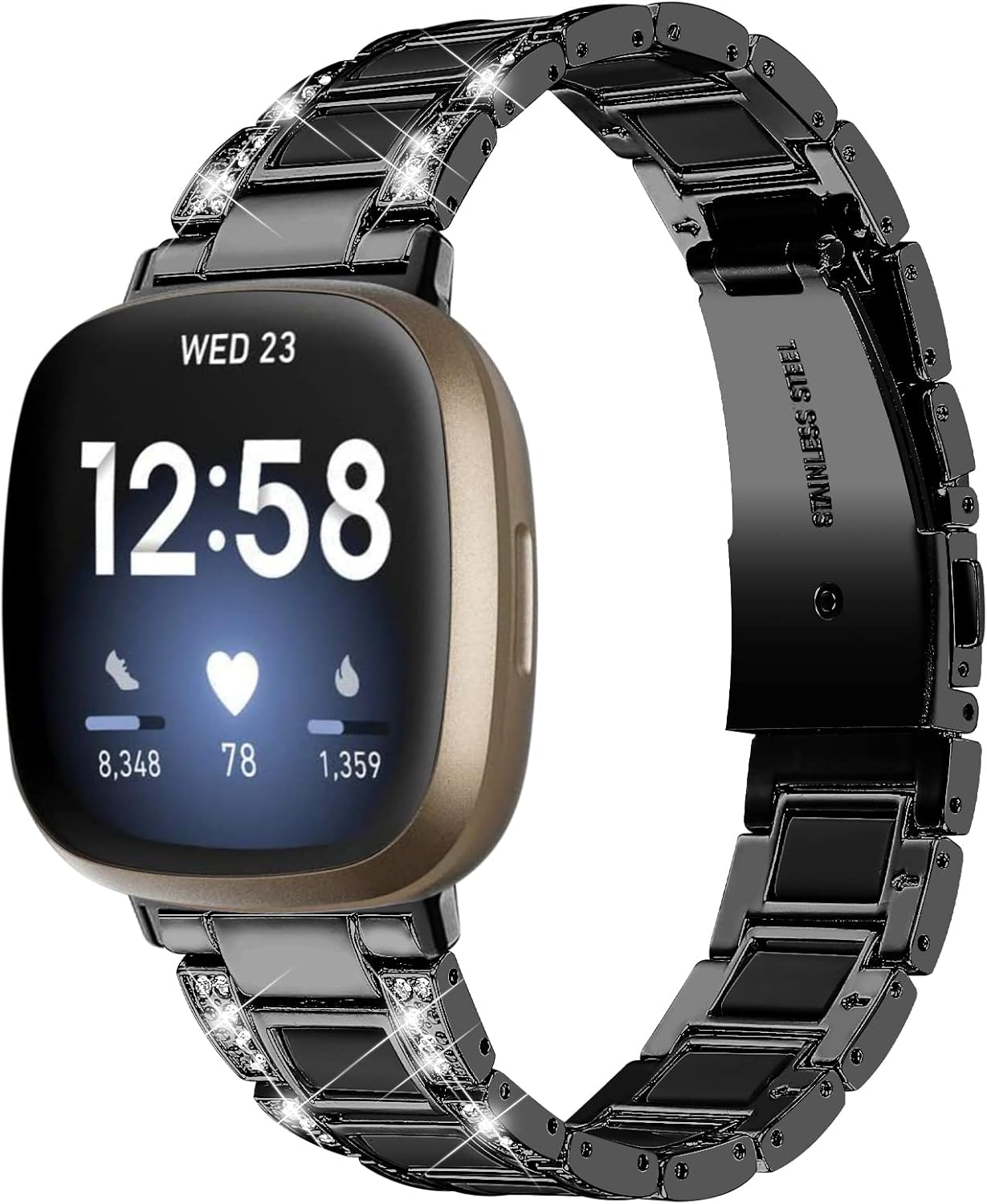 Bling Resin Bands Compatible with Fitbit Versa 4/Sense 2/Versa 3/Sense, Shinny Metal Bracelet Straps Luxurious Rhinestone Replacement Wristband for Women