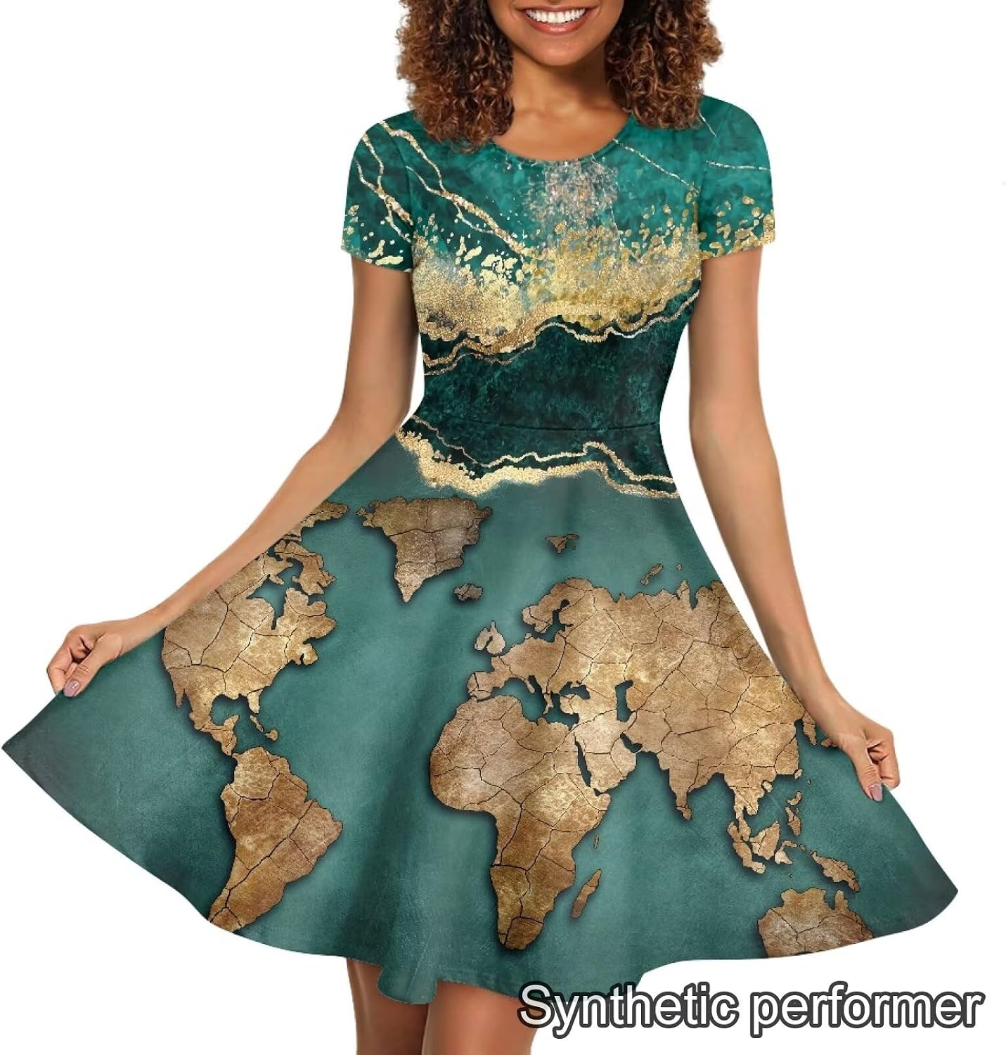 Binienty Women's Summer Casual Loose Crewneck Dress Ruffle Puffy Long Sleeve High Waist Midi Dress