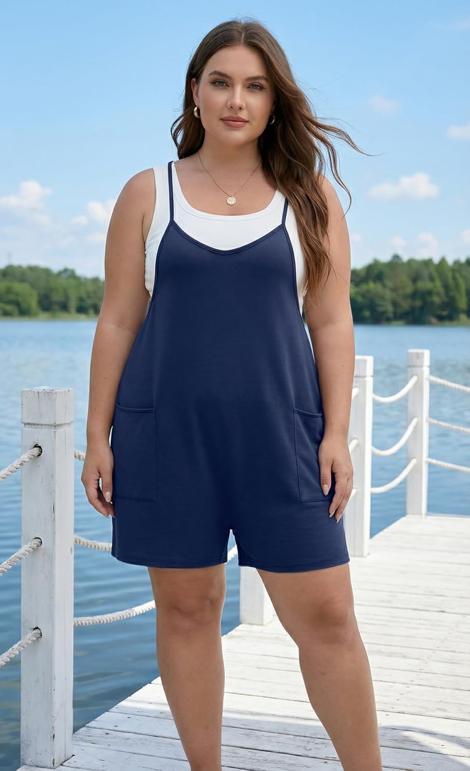 OLRIK Womens 2026 Summer Plus Size Romper Adjustable Spaghetti Strap Jumpsuits With Pockets Sleeveless Casual Overall Shorts - Image 6