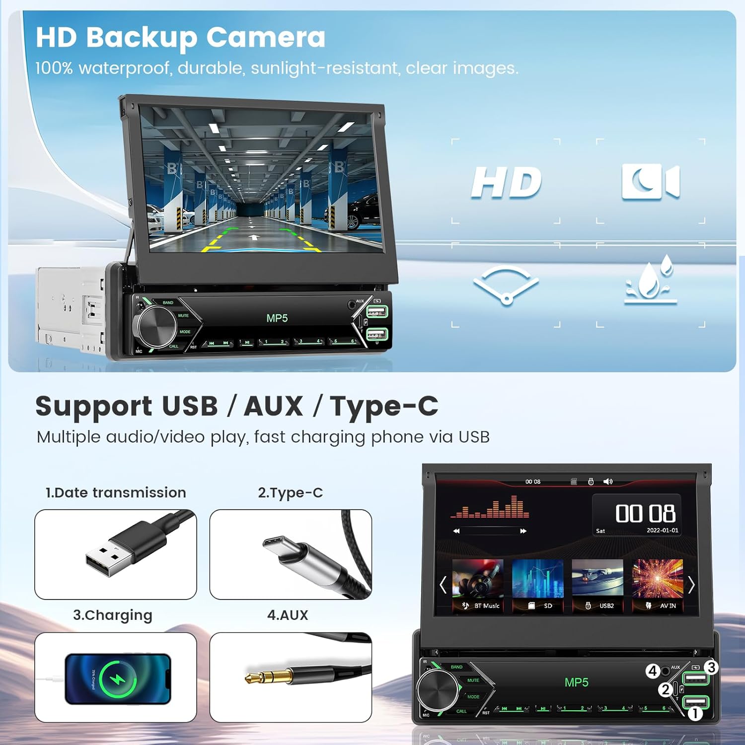 [Stable AM Radio] Hikity Single Din Car Stereo Carplay Android Auto, 7 Inch Flip Out Touch Screen Car Radio Bluetooth Car Audio Receiver, SWC, Mirror Link, FM/EQ, Dual USB/Type-C, Free Backup Cam, Mic