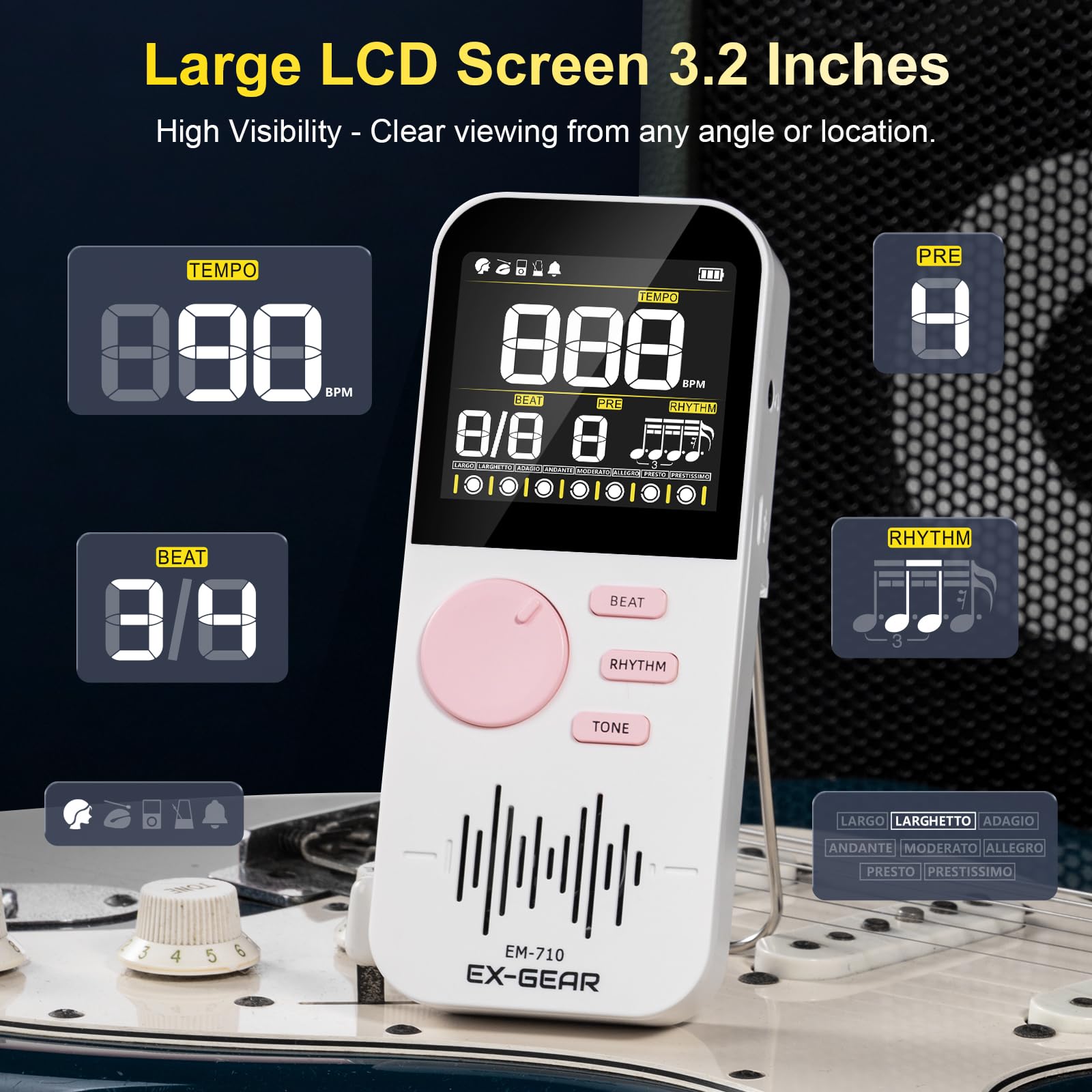 EX-GEAR Digitales Metronom, wiederaufladbar, elektronisches Metronom mit farbigem LCD-Bildschirm, breiter Tempobereich und mehreren Zeitsignaturen für Klavier, Gitarre, Violine, Schlagzeug und alle