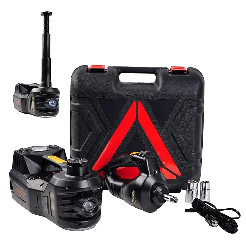Kit Macaco Hidráulico Elétrico Automotivo ROGTZ 12 V com Chave de Impacto e Inflador, Capacidade de 5 t, Preto