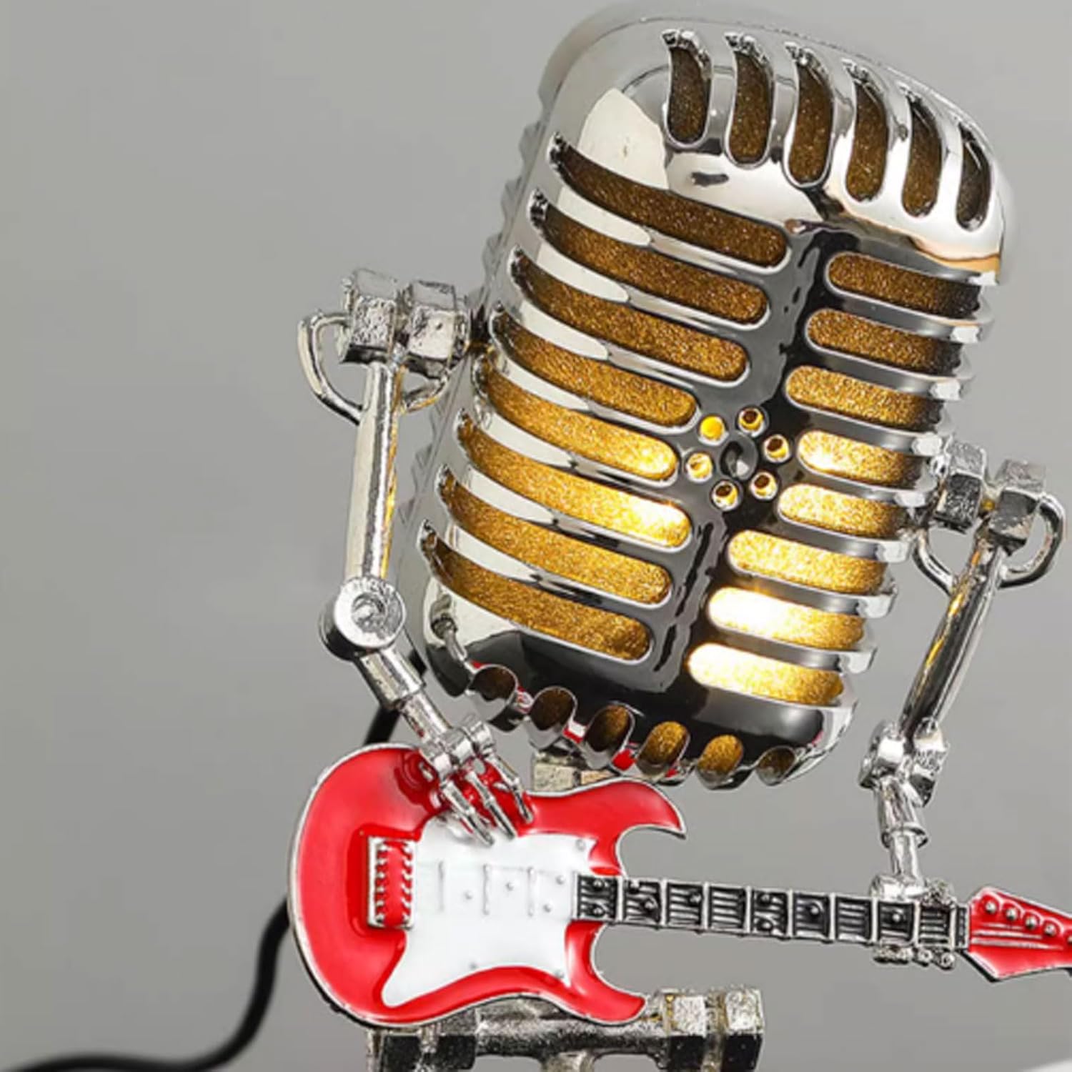 Metal Microphone Robot Night Light Retro Style Microphone Robot Desk Lamp Handheld Black Guitar Retro Lamp with Switch