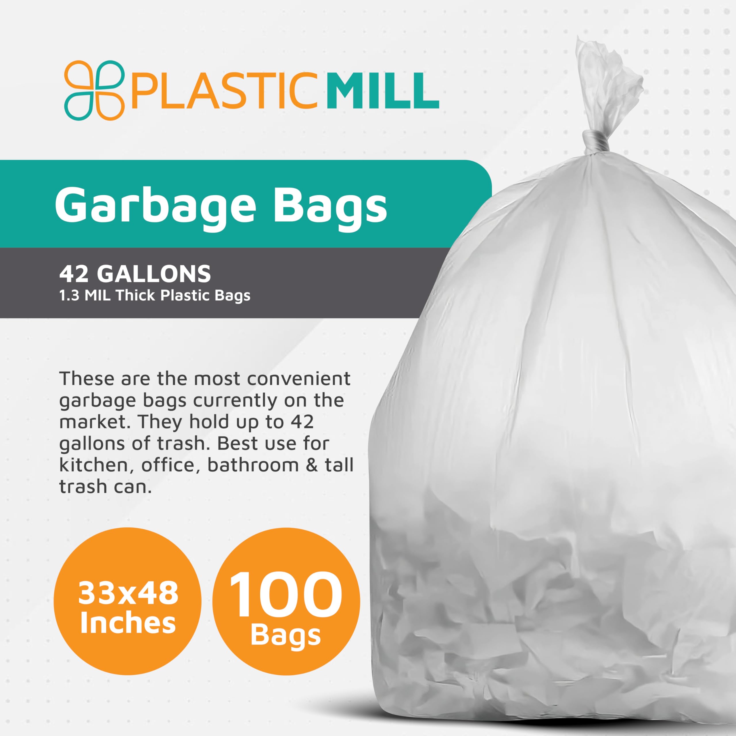 PlasticMill Wytrzymałe worki na śmieci, przezroczyste worki na śmieci, plastikowe worki na śmieci do dużych pojemników na śmieci, wysokie worki na śmieci, 100 l, 1,3 ml, 84 x 122 cm