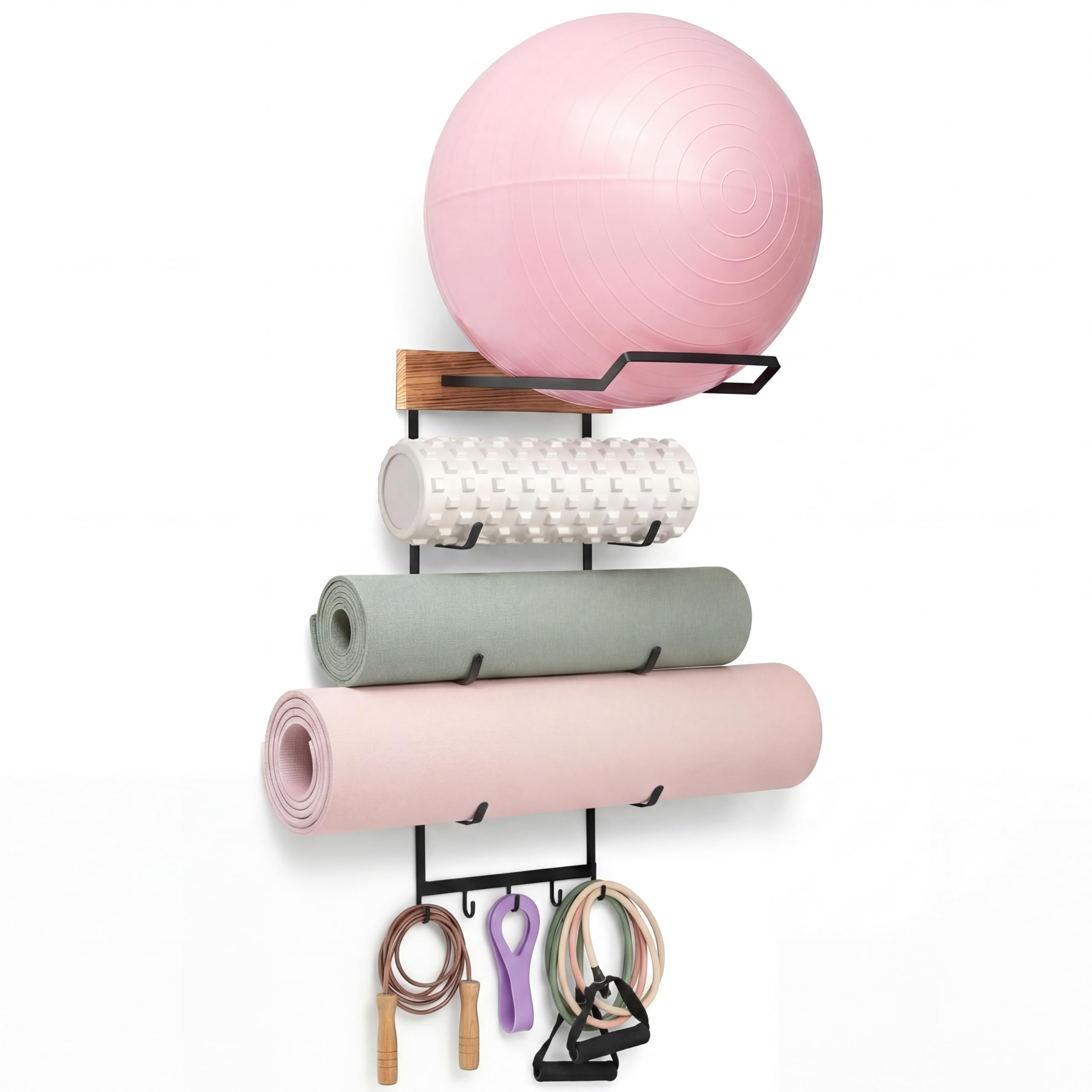 Geelin Yoga Mat and Ball Holder Wall Mount, 5 Hooks Style, Wood Color