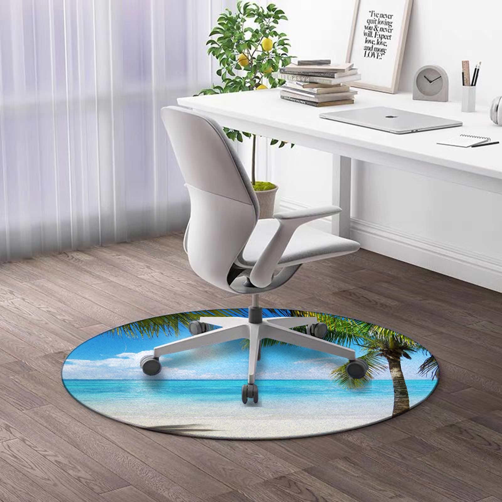 Round Rug 2 FT Tropical Beach Desk Chair Mat Aqua Coconut Green Office Gaming Chair Mat Low Pile Carpet Mats for Home Office