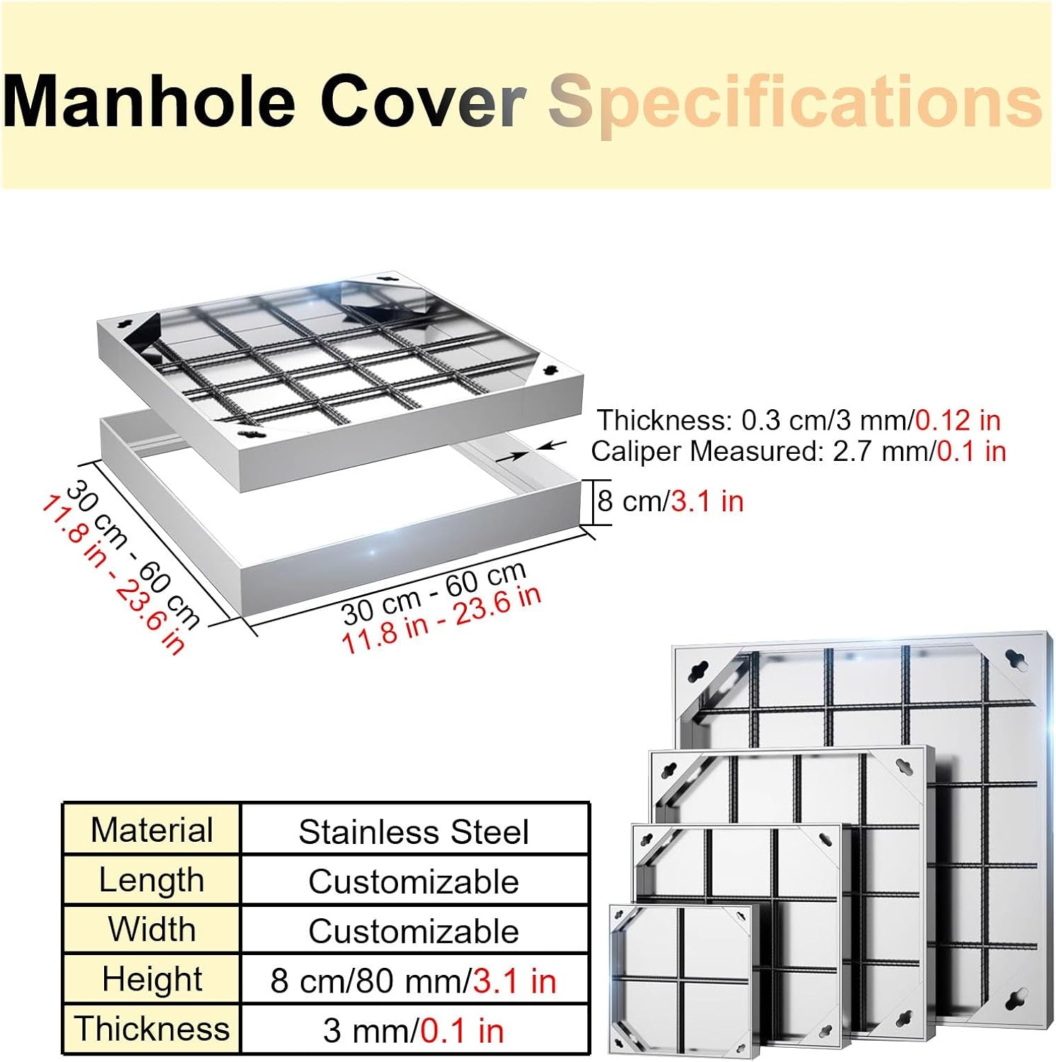 Heavy-Duty Stainless Steel Invisible Manhole Cover - Removable Septic Tank Lid for Driveway & Yard, Durable 10x14 inch Access Panel for Easy Maintenance and Safety
