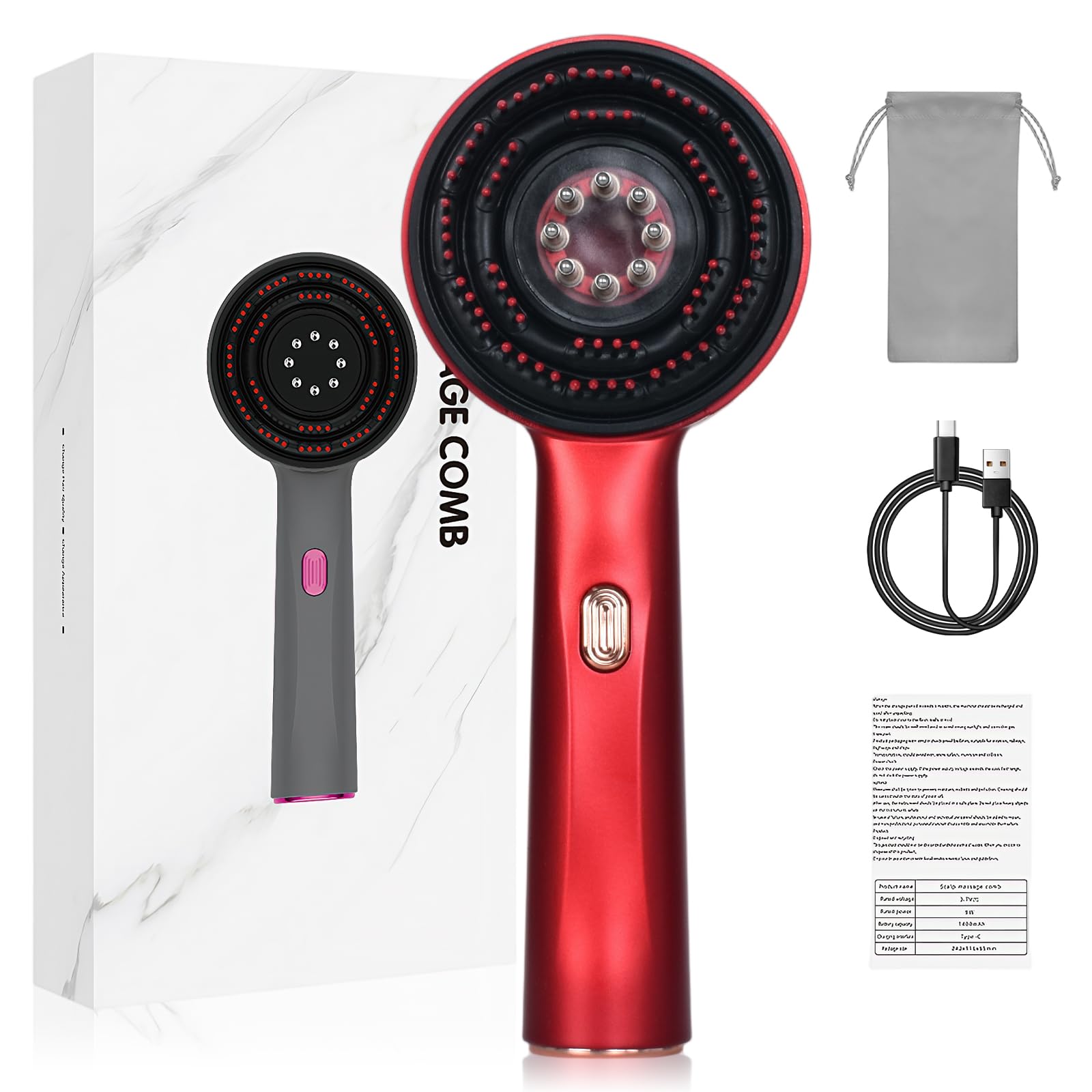 Colexy Cepillo de Masaje para Cuero Cabelludo, Cepillo Masajeador Eléctrico para Crecimiento de Cabello, Peine Masajeador Capilar con Luz Roja y Aplicador de Aceite para El Cabello, Resistente IPX7