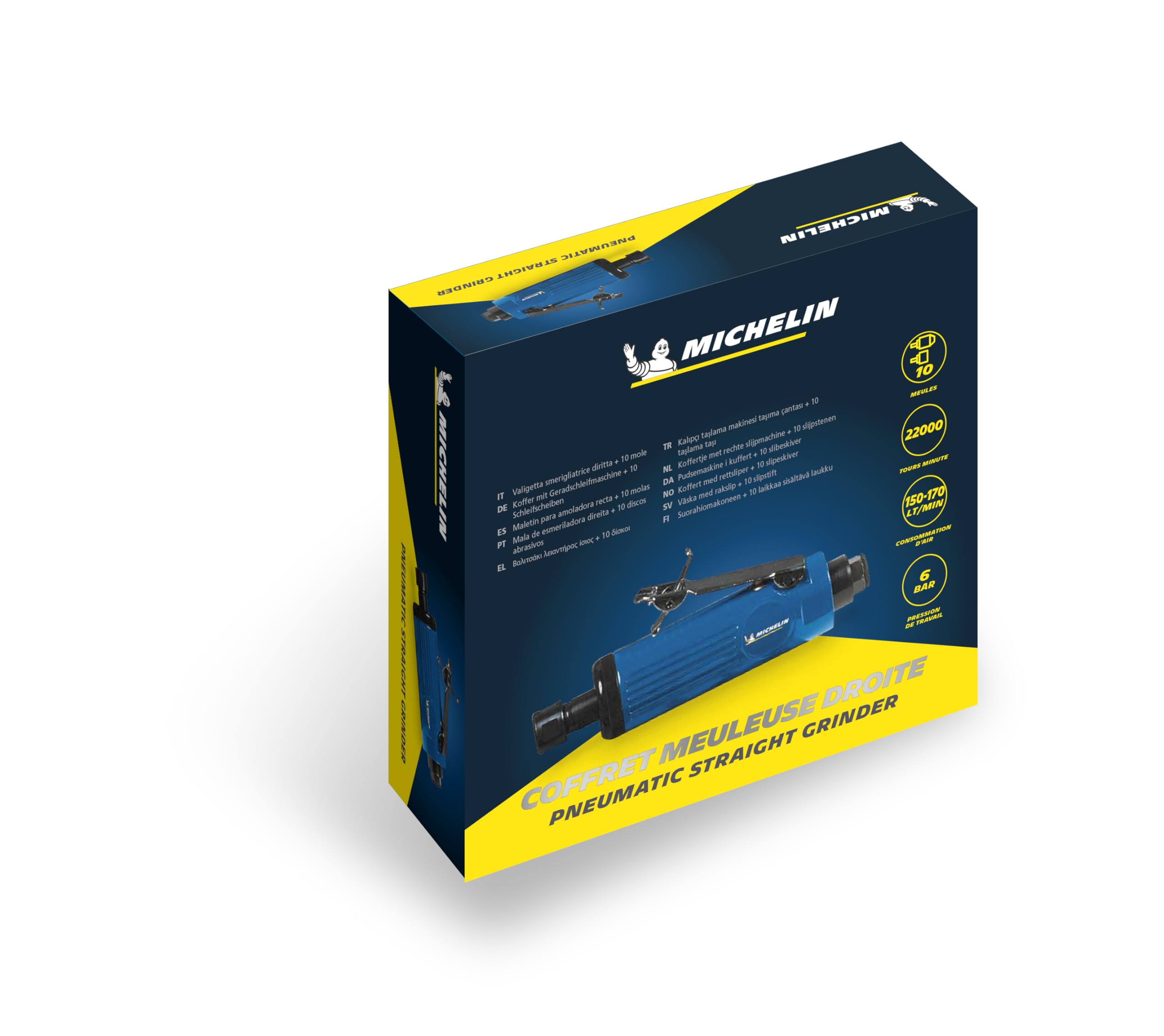 MICHELIN Coffret Meuleuse Droite - 10 Meules - 2 Mandrins - 2 Clés de Serrage - Consommation d'Air : 150-170 l/min - Pression d'Utilisation : 6 bar - Vitesse élevée de 25 000 tr/min