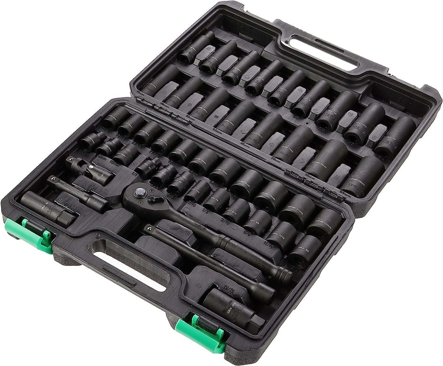 46-Piece 3/8-Inch Drive Shallow & Deep Socket Set, 72-Teeth Reversible Ratchet, SAE/Metric Size, With Carrying Case, 13.1 x 9.7 x 3 inches