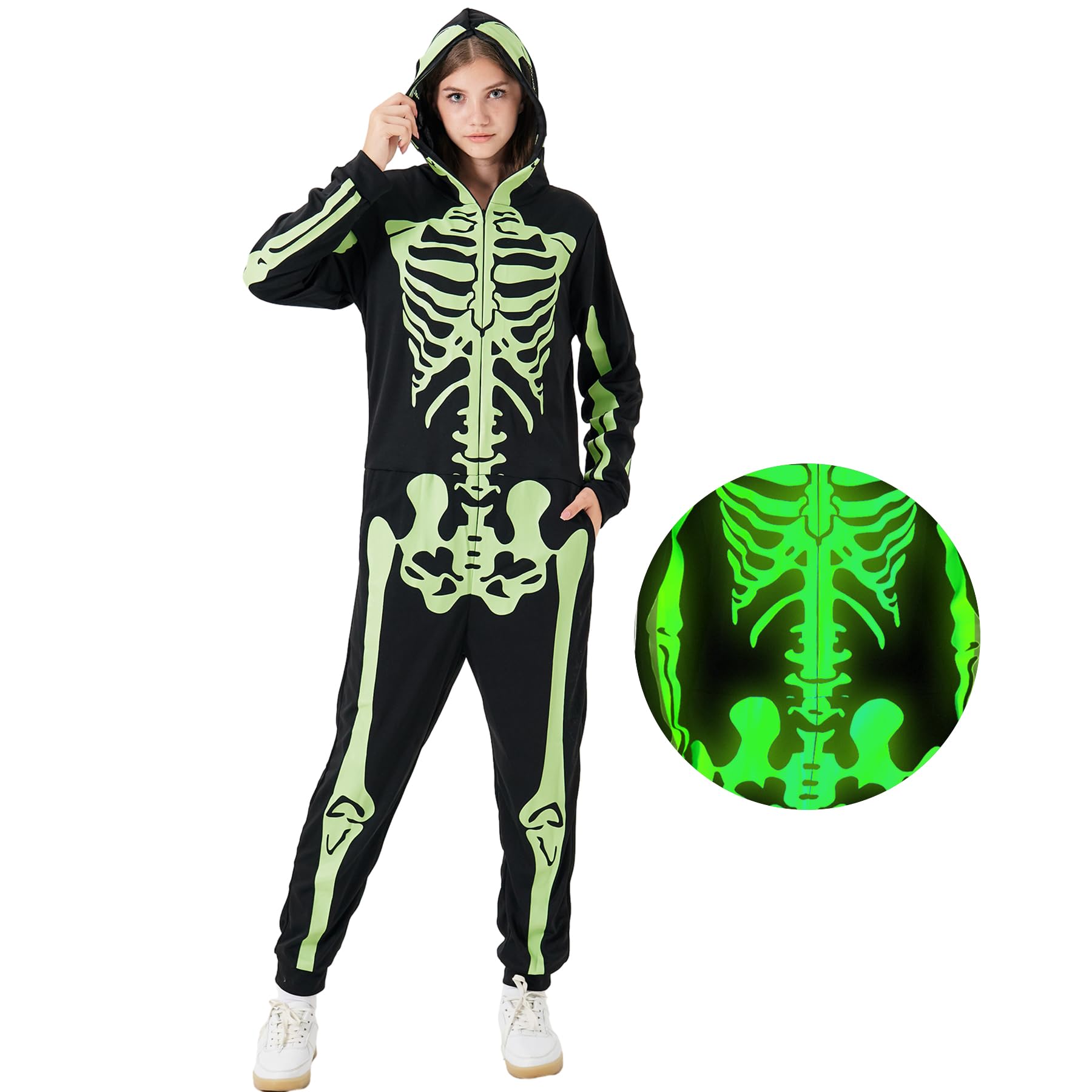 Disfraz unisex de esqueleto para adultos, overol de pijama que brilla en la oscuridad con cremallera y capucha para Halloween