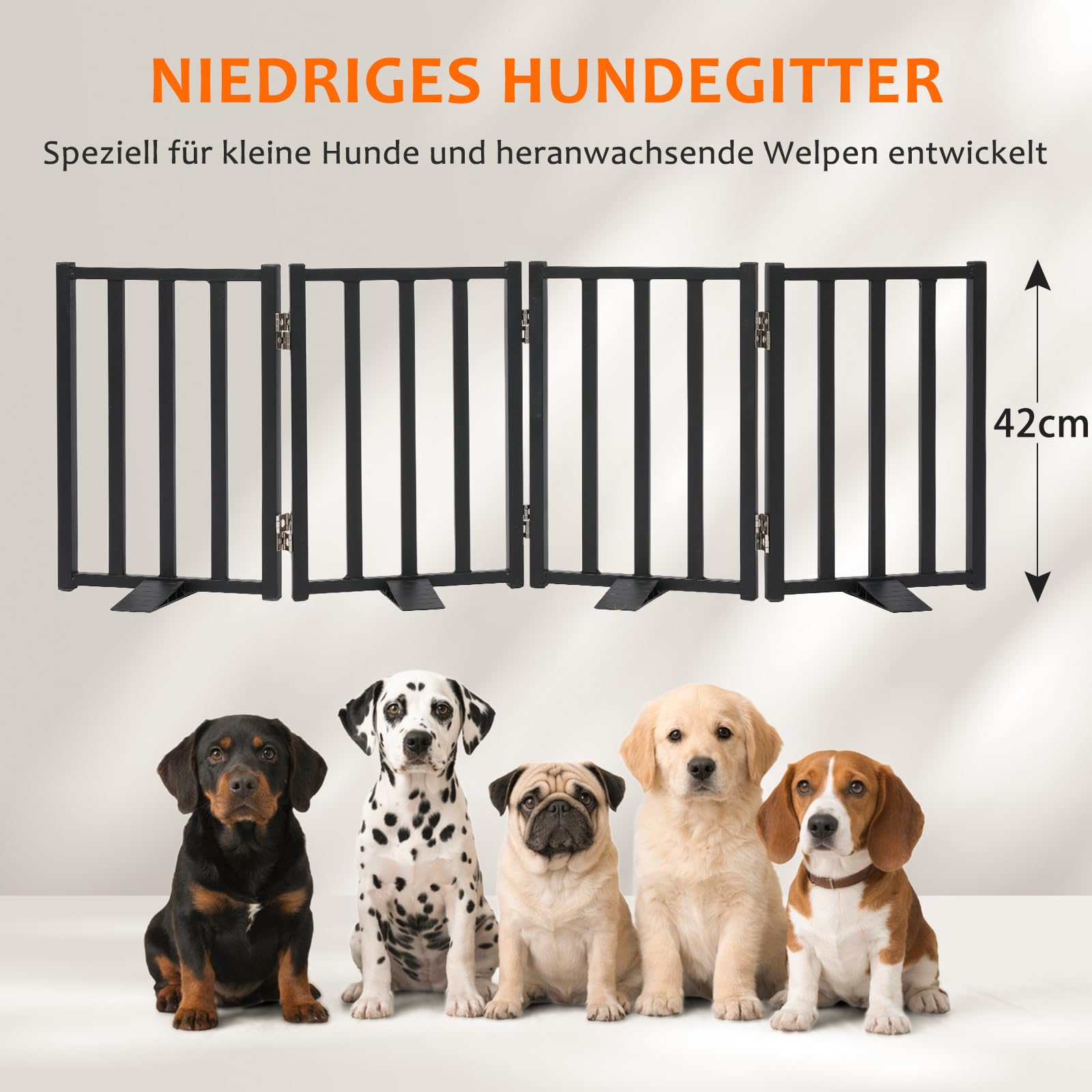 Snagle Paw Hundegitter, 42 cm Niedriges Absperrgitter Hund mit Standfüßen, Freistehendes Welpengitter Hund für kleine Hunde & Welpen, übersteigbares Treppengitter für Türen, Flure und Räume, Schwarz