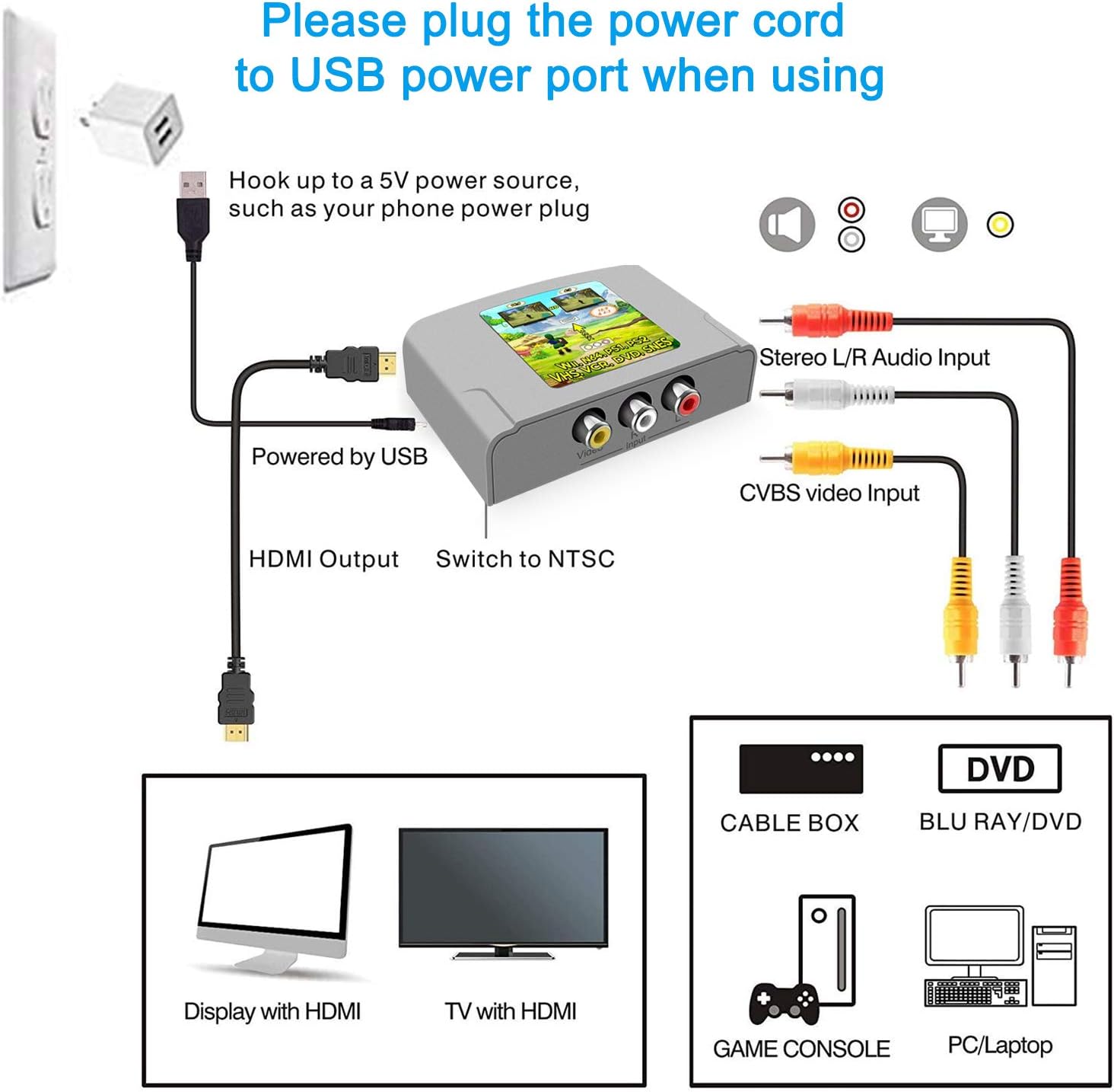 Special RCA to HDMI Converter,1080P Mini RCA Composite CVBS AV to HDMI Video Audio Converter Adapter Supports PAL/NTSC for Xbox/PS2/Wii/SNES/N64/VHS/VCR/DVD