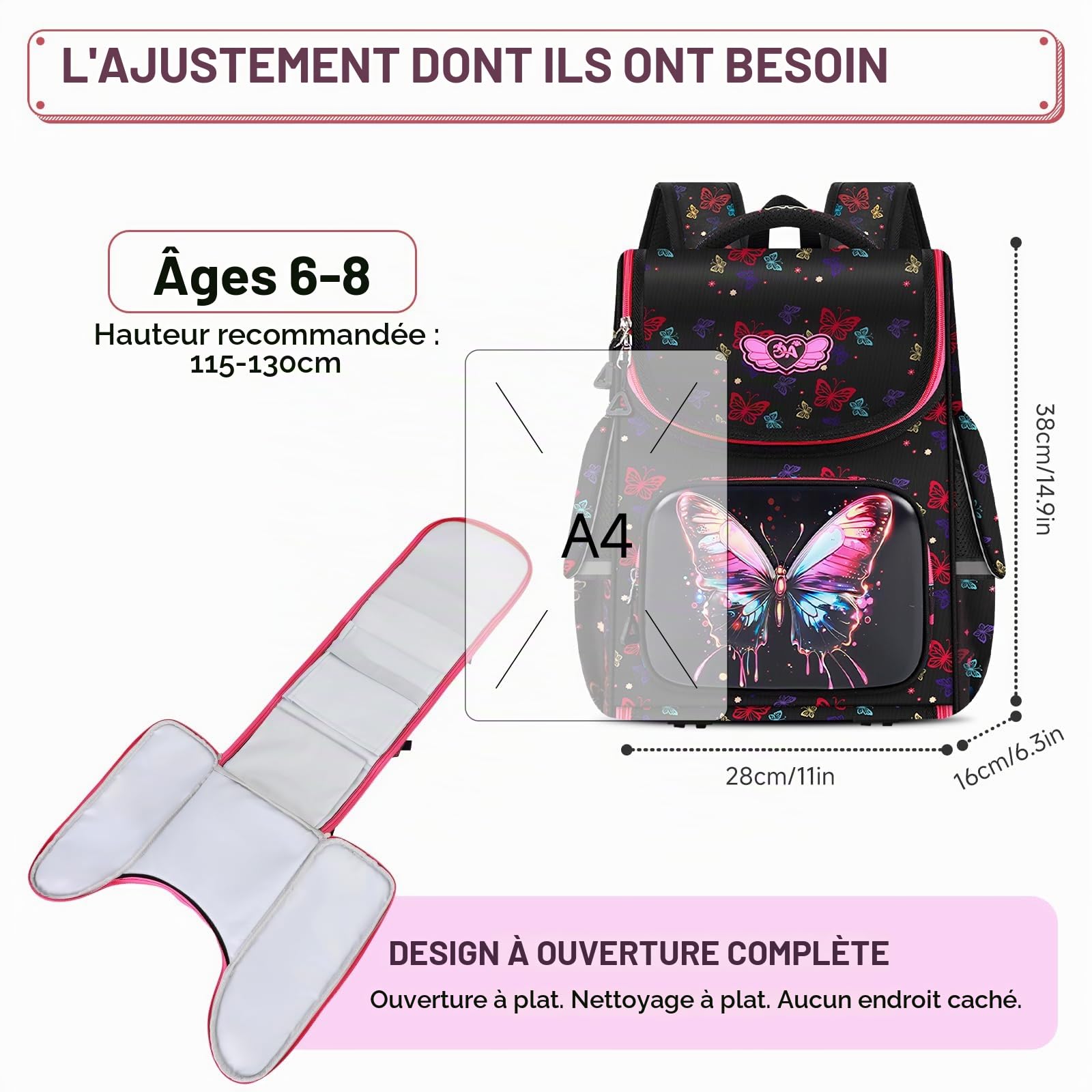 Amythe Cartable Fille CP CE1 CE2 – Sac à Dos École Primaire Enfant 6-8 Ans Léger Ergonomique avec Bandes Réfléchissantes – Imperméable pour la Rentrée, l’École et les Voyages