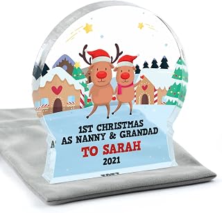 PERSONALISED 1st Christmas as Nanny and Grandad Grandparents Decoration, Babys First Christmas Acrylic Snowglobe Ornament, First Christmas As Grandparents, New Grandson Granddaughter With Grey Bag