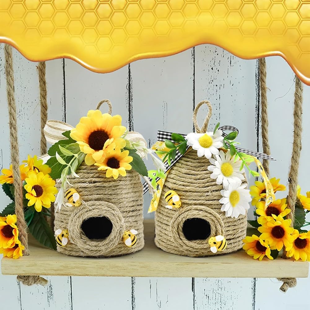 FACAIIO Handgefertigter Jute-Bienenstock-Ornament mit Holzbienen, Büffelkariertes Band, Landhaus-Dekoration (A und A)