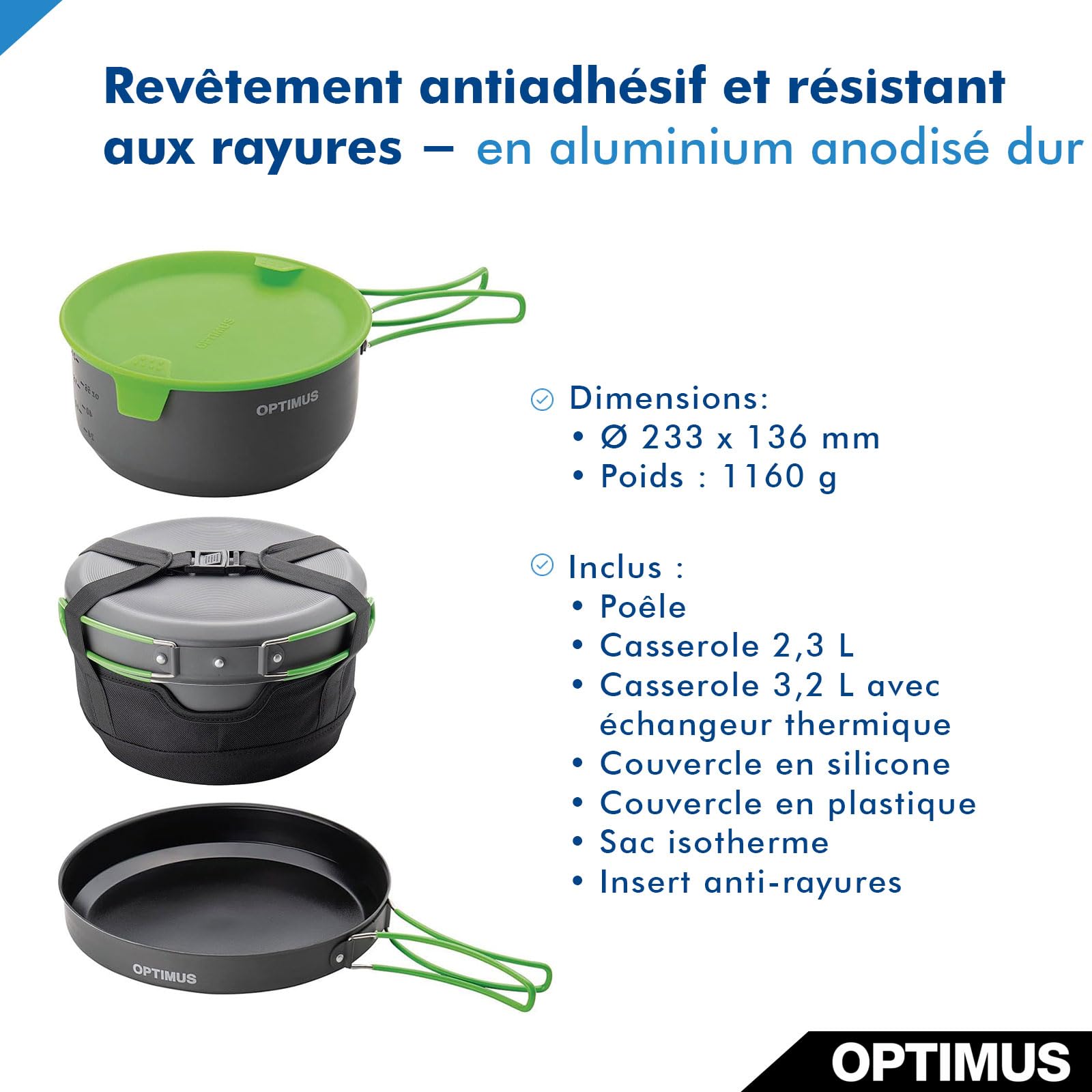 Batterie de Cuisine Optimus Terra Camp – Batterie de Cuisine d'extérieur 7 pièces avec échangeur Thermique, Sac Isotherme et revêtement antiadhésif | pour 2 à 4 Personnes | 1160 g | Ø 233 × 136 mm