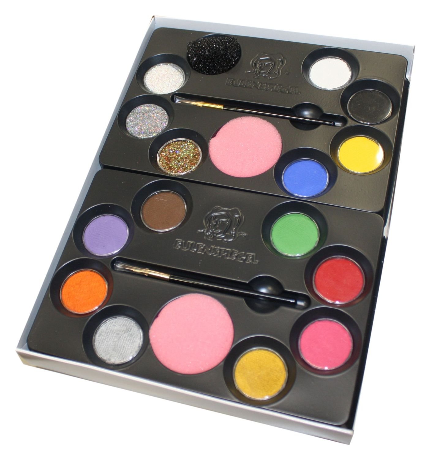 Eulenspiegel 212011 - Paleta de maquillaje profesional, 12 colores aqua profesionales, 2 esponjas, 2 brochas, 3 purpurinas, 1 esponja para barba incipiente, 1 guía de maquillaje