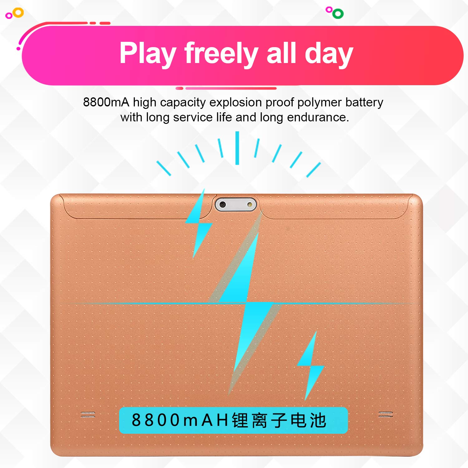 FidgetGear KT107 Tablet highlighting 8800mAh battery