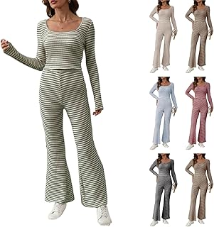 Womens Sweater Set Striped 2 Piece Outfits Fall Lounge Sets Long Sleeve Tops Wide Leg Pants Loungewear Matching Set