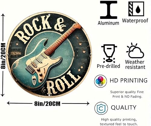 Miniatura 2 de Letrero de pared redondo de metal de aluminio rústico vintage con música de guitarra, rock roll, 8 pulgadas, para interiores y exteriores, regalos y
