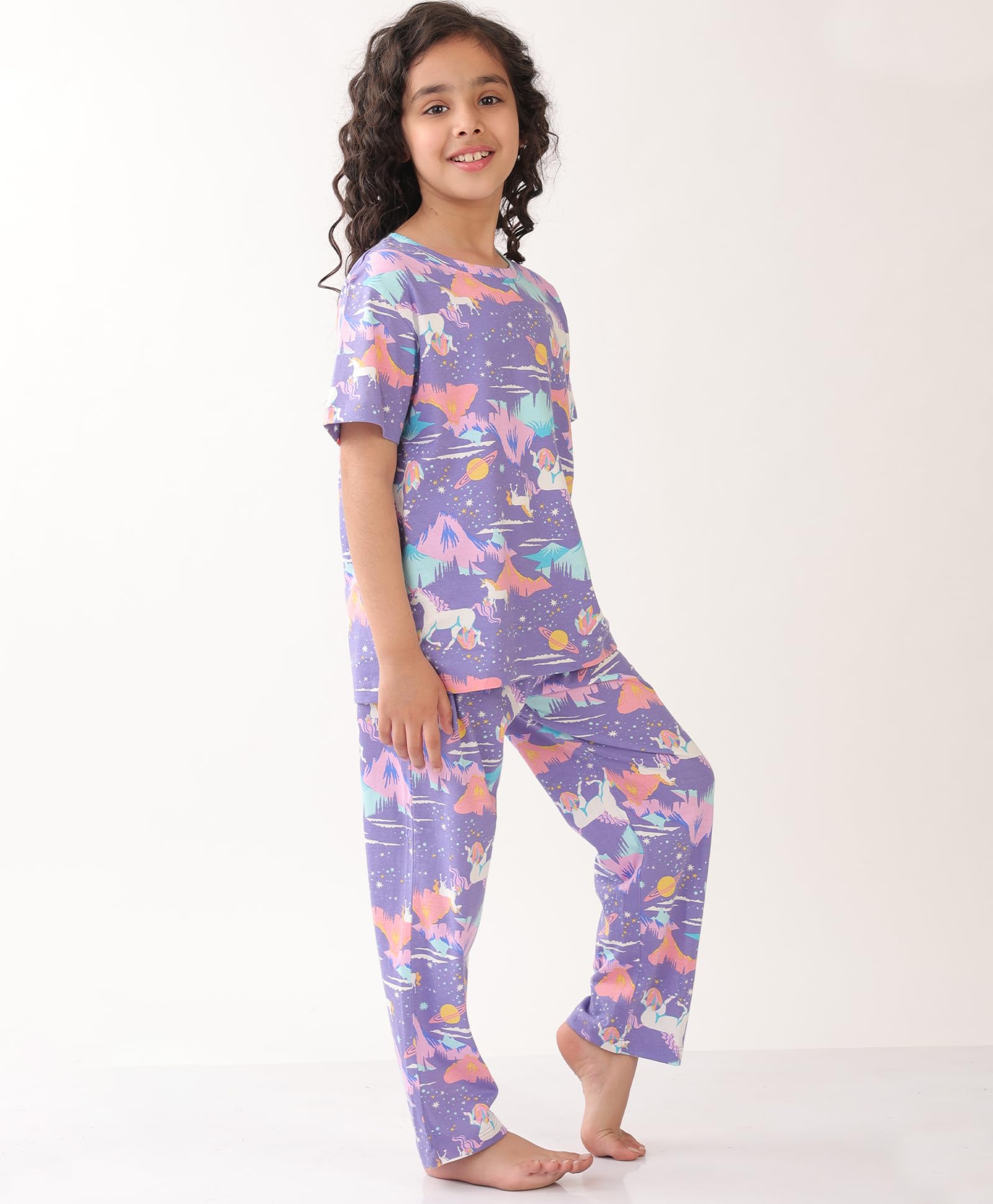 ANTHRILO Summer Unicorn Planet Short Sleeve Pyjama Set - Purple - Image 3 thumbnail