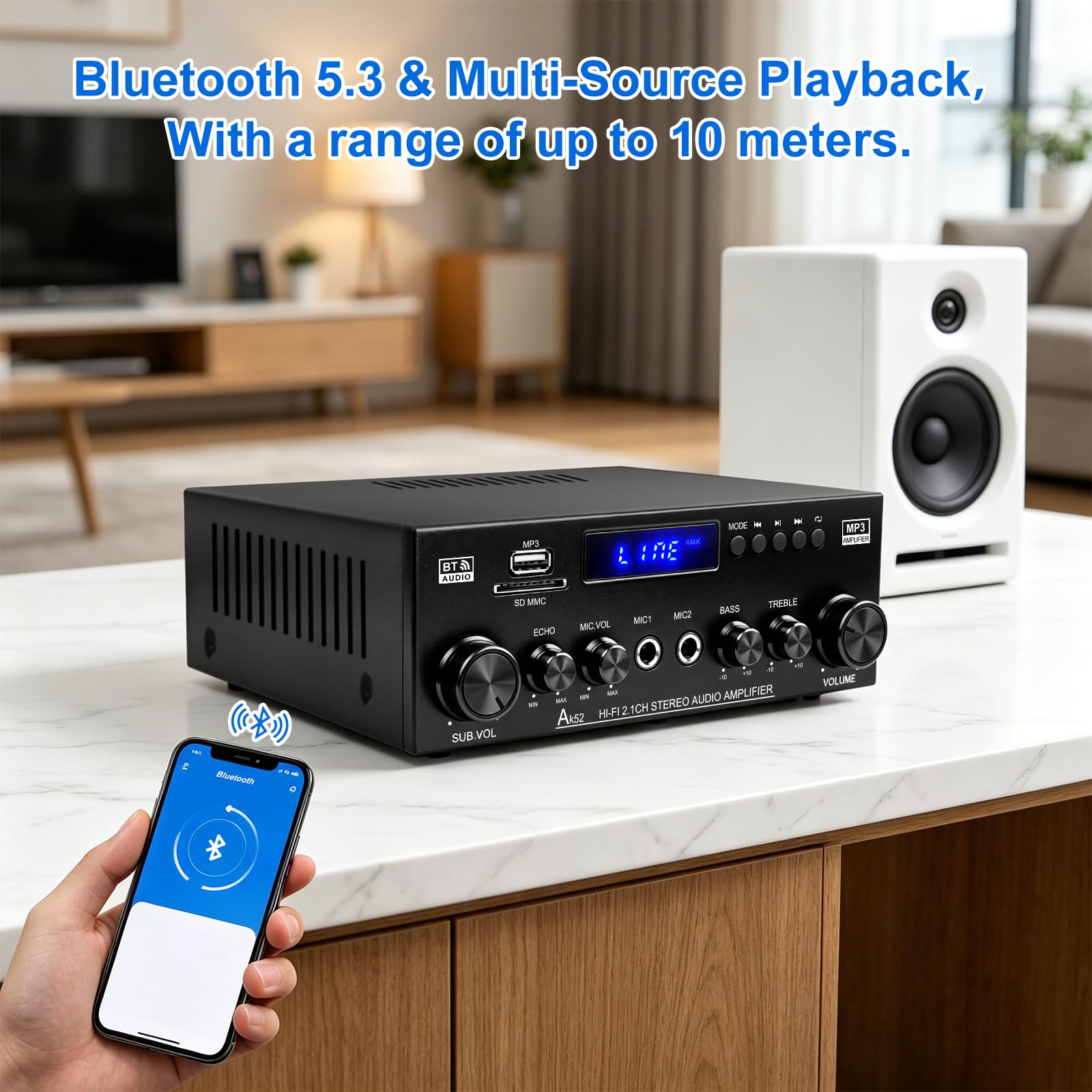 Audio Amplificateur stéréo HiFi 50WX2 Amplificateur Bluetooth 5.3 | écran LCD, alimentation 12 V/220 V - Compatible USB/SD/FM/RCA - Pour la maison, la voiture et le karaoké - Avec tél