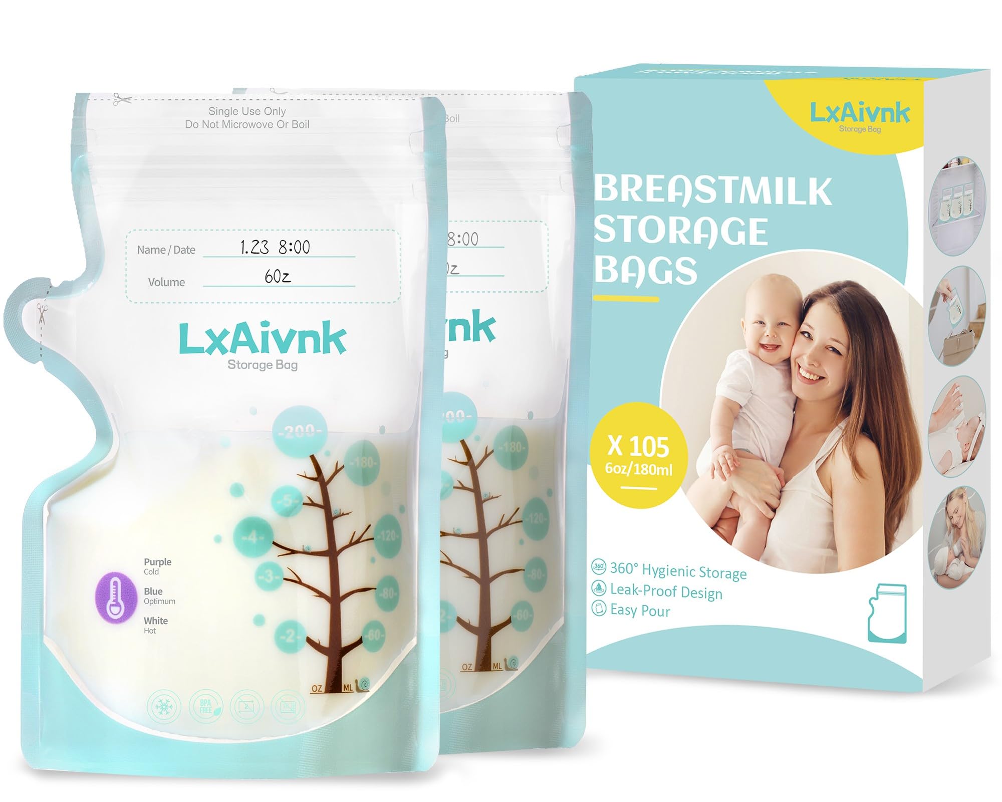 Breastmilk Storage Bag - 6oz(105 Count), 180ml Breast Milk Storage Bags Freezer, No Leak Milk Storage Bags breastmilk, Strength Thin Design,Breast Milk Bags for Breastfeeding Essentials