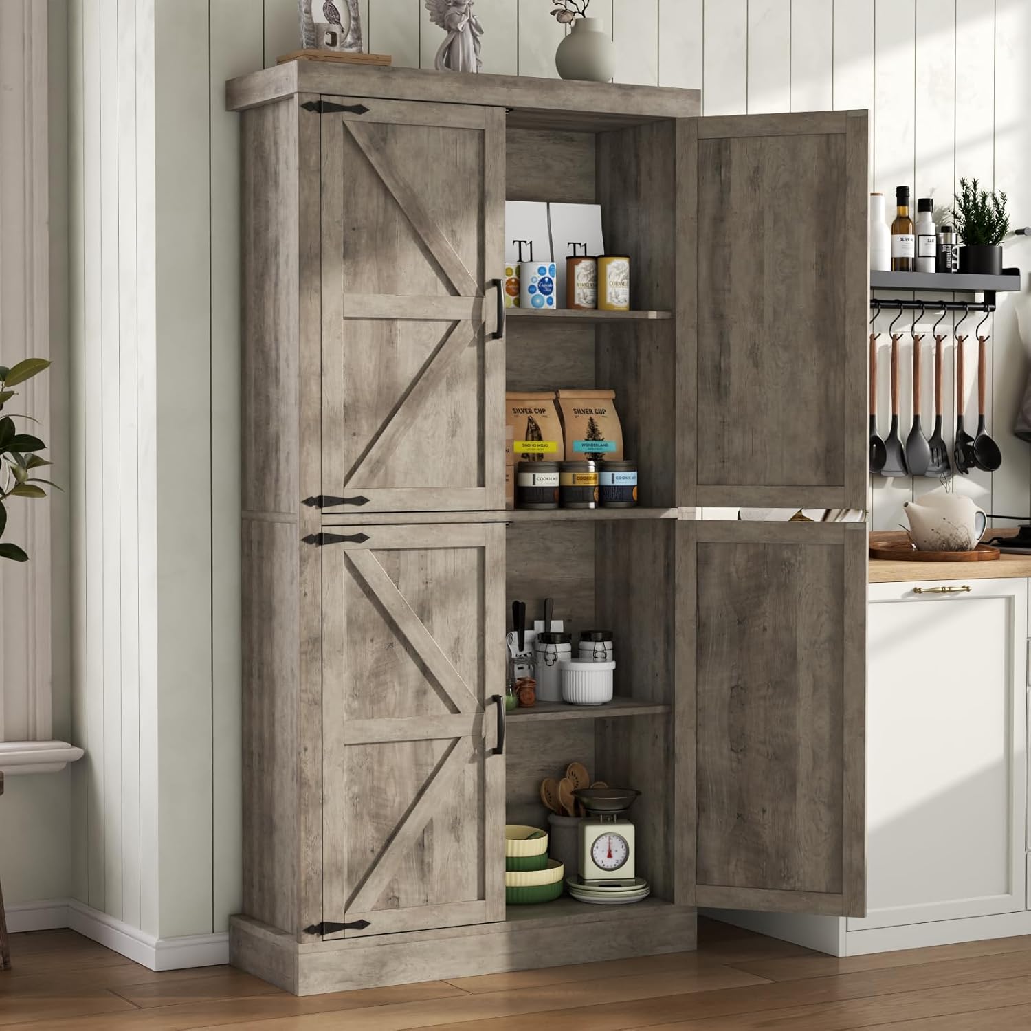 Farmhouse Kitchen Pantry Cabinet,69.1" Tall Kitchen Storage Cabinet with Adjustable Shelf,Modern Bathroom Storage Cabinets,Freestanding Floor Cabinets Cupboard for Living Room,Dining Room (Retro Grey)