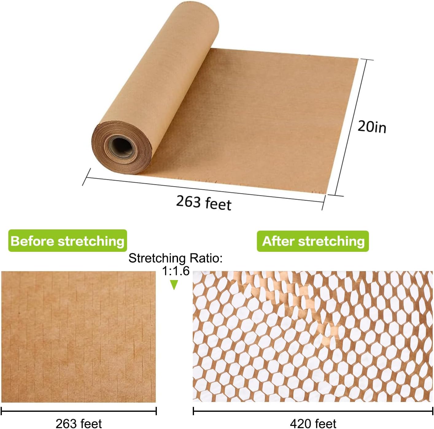 Honeycomb Packing Paper, 20" x 420' Recyclable and Eco-Friendly Honeycomb Paper, Paper Substitute Alternative for Bubble Cushioning Wrap, Cushioning Packing Material for Moving Shipping Packaging