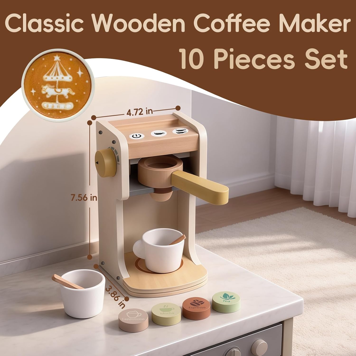 Freniland Classic Wooden Coffee Maker Toy, Pretend Brew & Serve Playset for Toddlers, Educational Kitchen Toy for Kids Ages 3Y+
