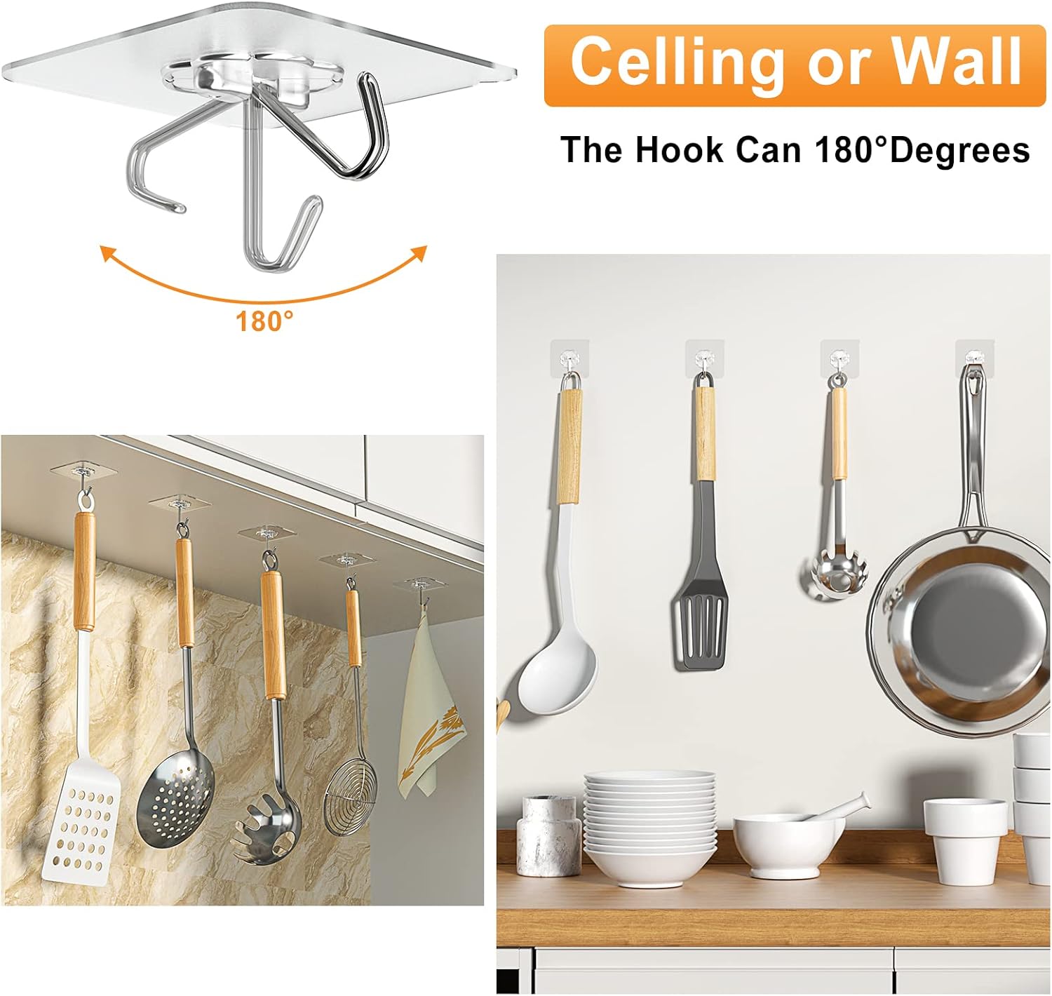 probebi Adhesive Hooks for Hanging Heavy Duty - 12 Pack Wall 13lb(Max) Sticky Waterproof Wall Hangers Without Nails For Kitchen, Bathroom, Indoor Use for Home & Office
