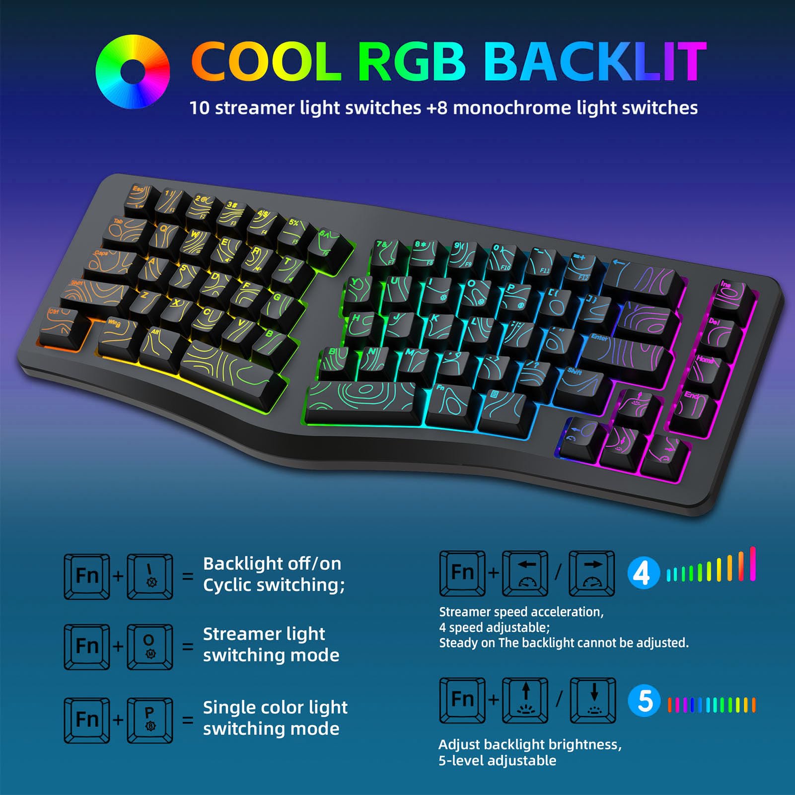 Goshyda Tastiera da Gioco Ergonomica Cablata, Tastiera Divisa a Forma di V con Retroilluminazione RGB Colorata, per Computer Desktop Portatile