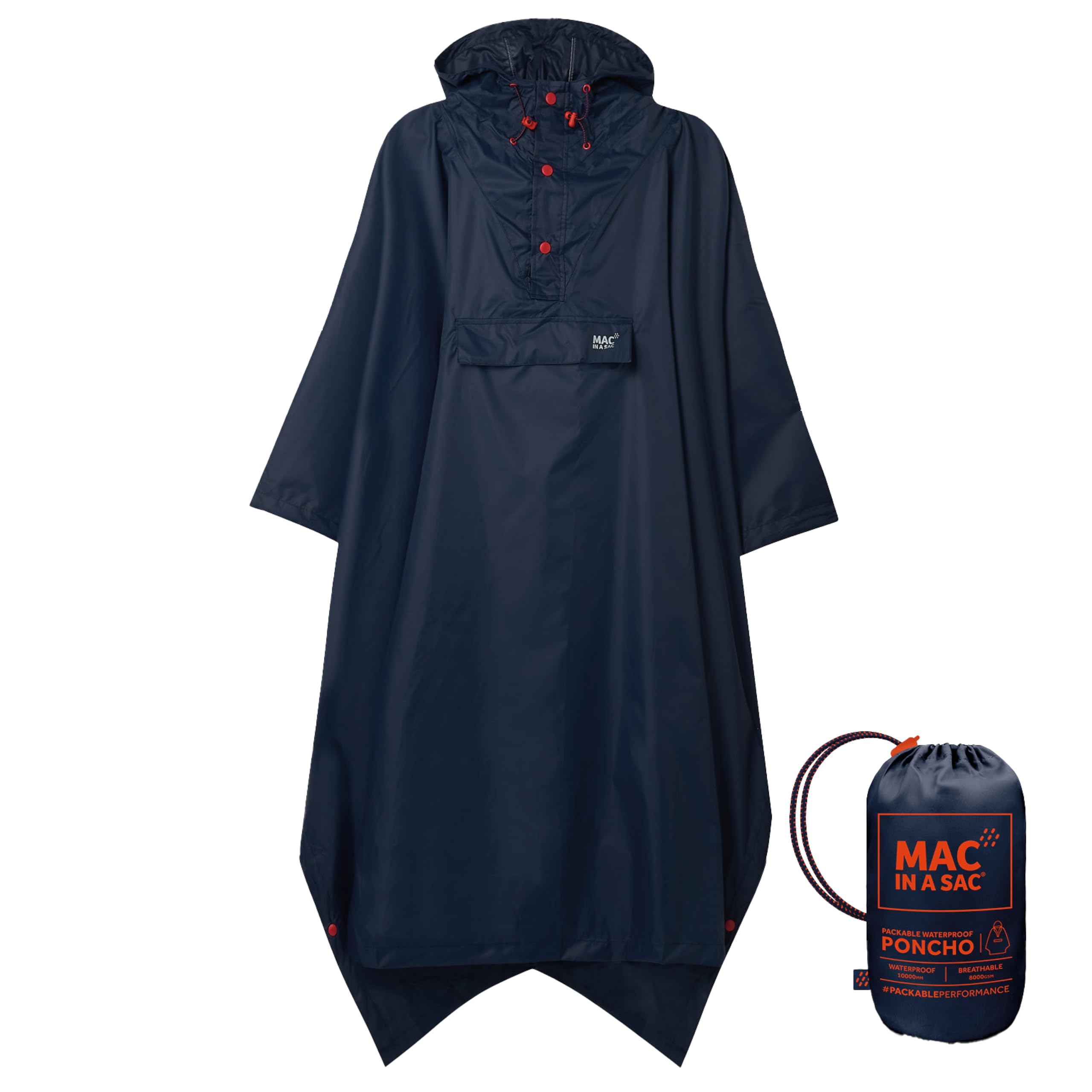 Mac in a Sac - Poncho - Packable Waterproof Cape for Men & Women - Lightweight and Breathable Rain Jacket with Hood That Packs into its own Bag - Navy - One-Size