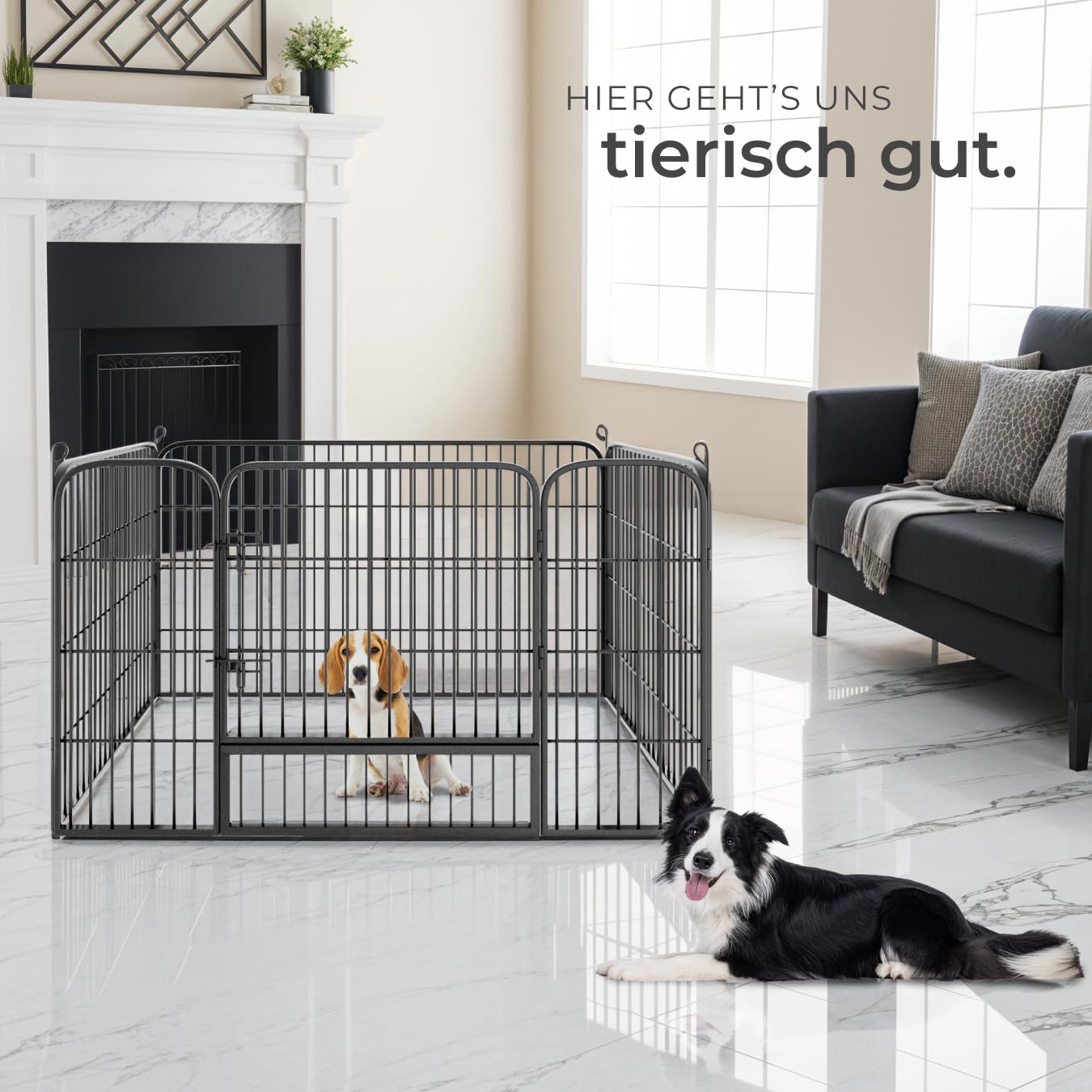 tectake Welpenauslauf 70 cm hoch, 4 Gitter, Welpenlaufstall, Freigehege, Tierlaufstall faltbar, Freilaufgehege, Hundelaufstall mit Tür, für Hunde, Katzen, Hasen, Meerschweinchen, Kleintiere - schwarz