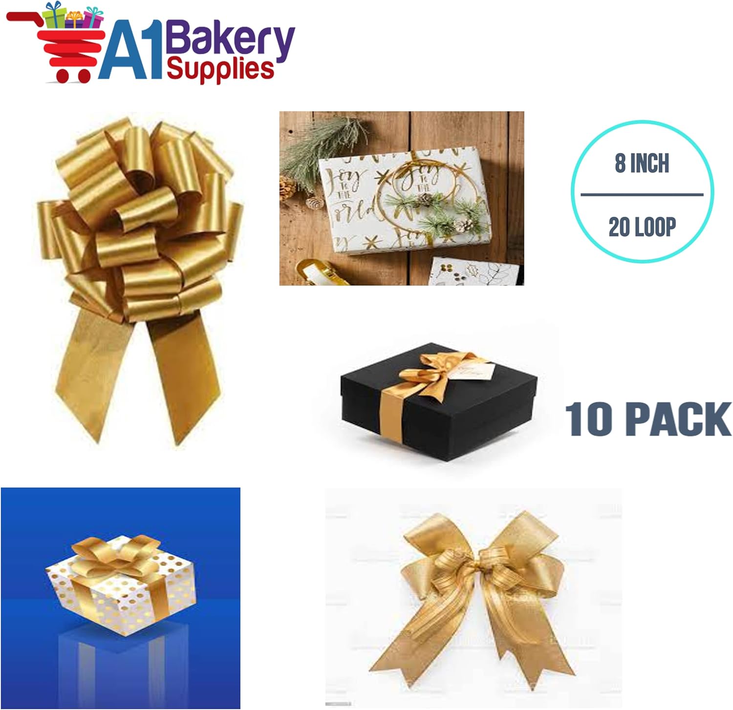 Holiday Gold Pull String Bows - 8 Inch Wide 20 Loops Large (2 and 1/2 Inch Ribbon) Set of 10 by A1 Bakey Supplies