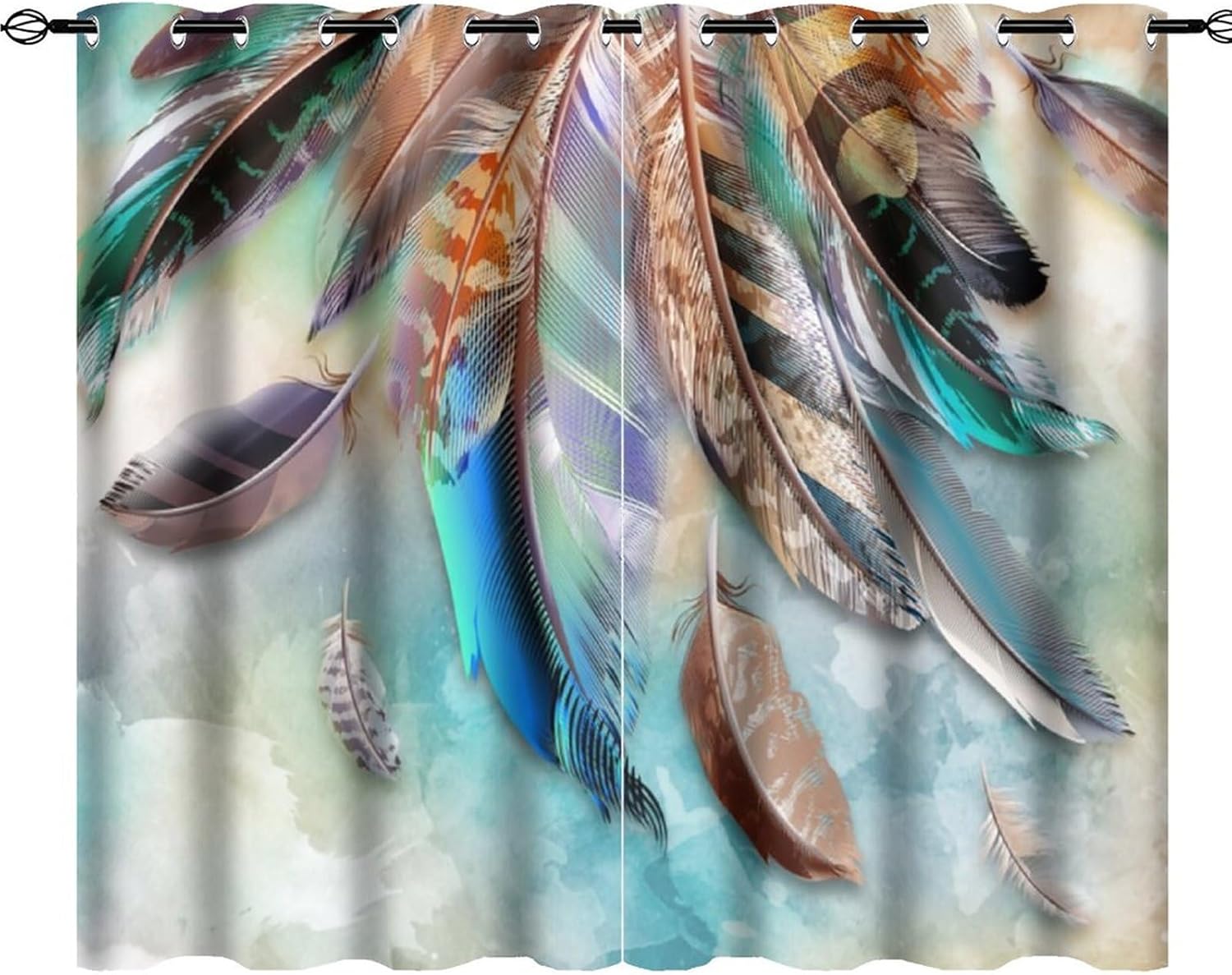 Colorful Feather Curtains Watercolor Bohemian Native American Animal Feathers Retro Birds Thermal Insulated Darkening Noise Reduction for Living Room Grommet Window Treatment 2 Panels 63"L x 36"W