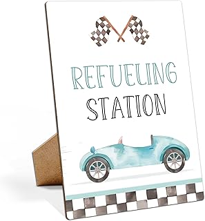 Race Car Birthday Party Signs - Refueling Station, 811 Wooden Play Sign With Stand, Party Decorations and Supplies - LP075