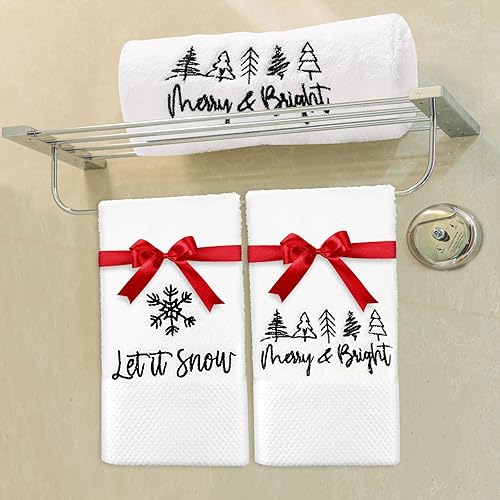 Miniatura 5 de Paquete de 2 toallas de mano de Navidad bordadas de algodón con diseño de árbol de Navidad, copo de nieve, toalla de baño con cinta roja, toalla