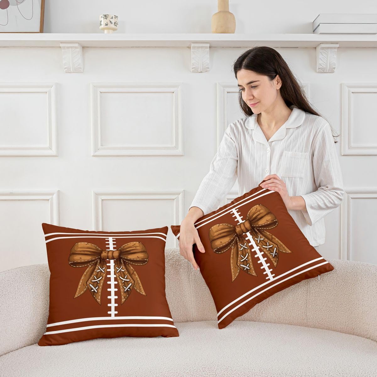 Manfei Cute Football Bow Throw Pillow Cover Brown Rugby Bowknot Double Sides Pillow Case for Kids Boys Girls Room Decor,Sports Gaming Theme Cushion Cover for Bed Couch Sofa,1 Pack 16"x16" image 3