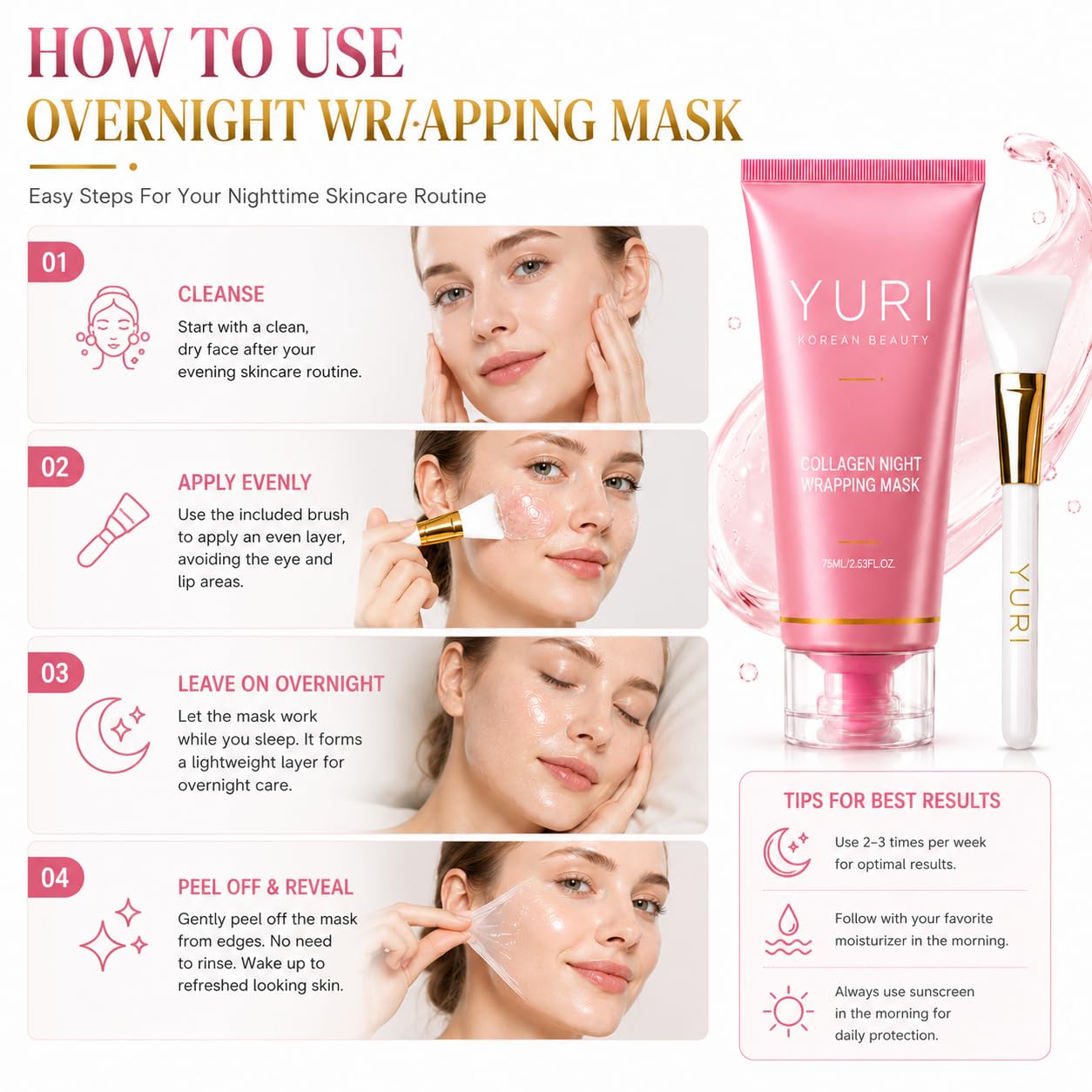 YURI Collagen Overnight Wrapping Peel Off Face Mask, Overnight Peel Off Face Mask for Glass Skin, Even Tone & Oil Control,Elasticity & Hydration Care, All Skin Types Skincare - 2.53 fl.oz | 1PCS