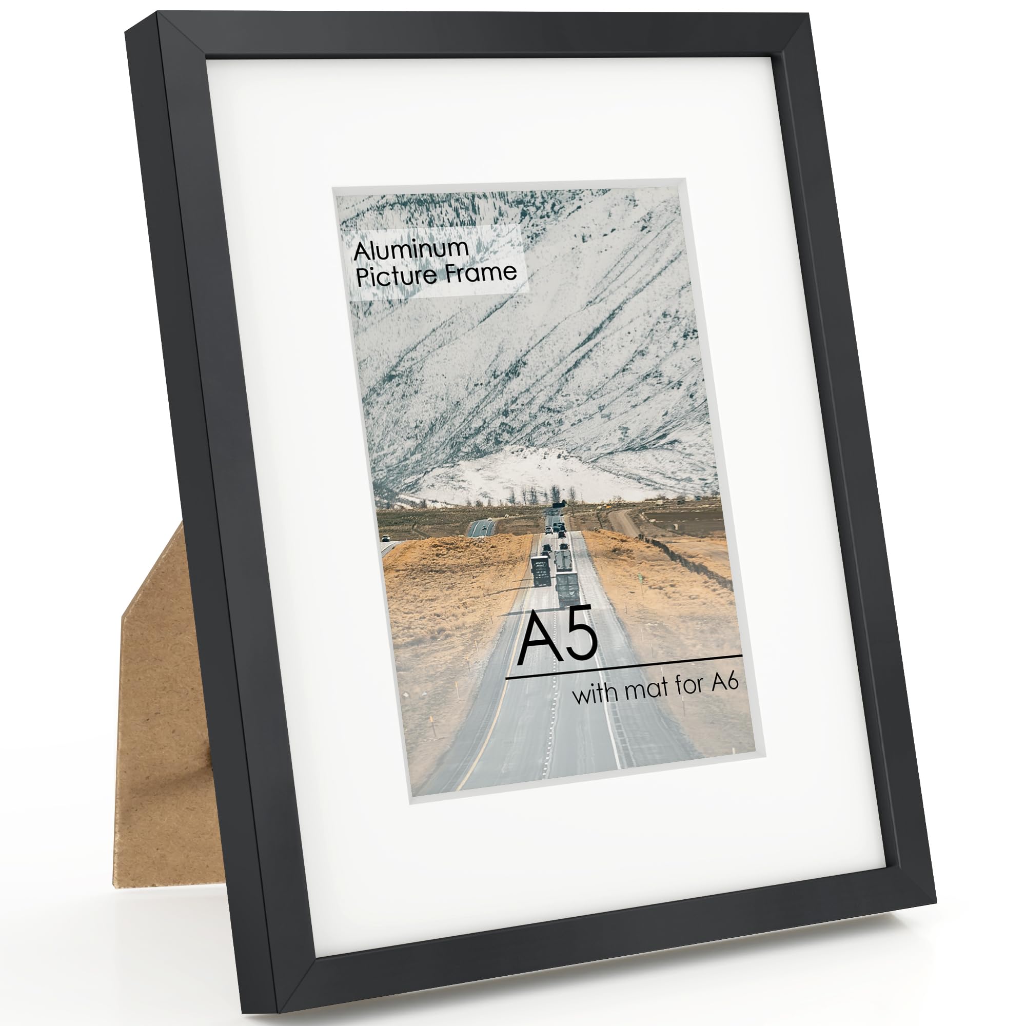 FLYJOE A5 Picture Frame Black - High-End Metal Frame for Wall, Photo Frame with Mat A6, Poster Frame 5.8x8.3, Aluminum Frame with HD Plexiglass, Diploma, Certificates, Decor, Wall Kit, Black — image 1