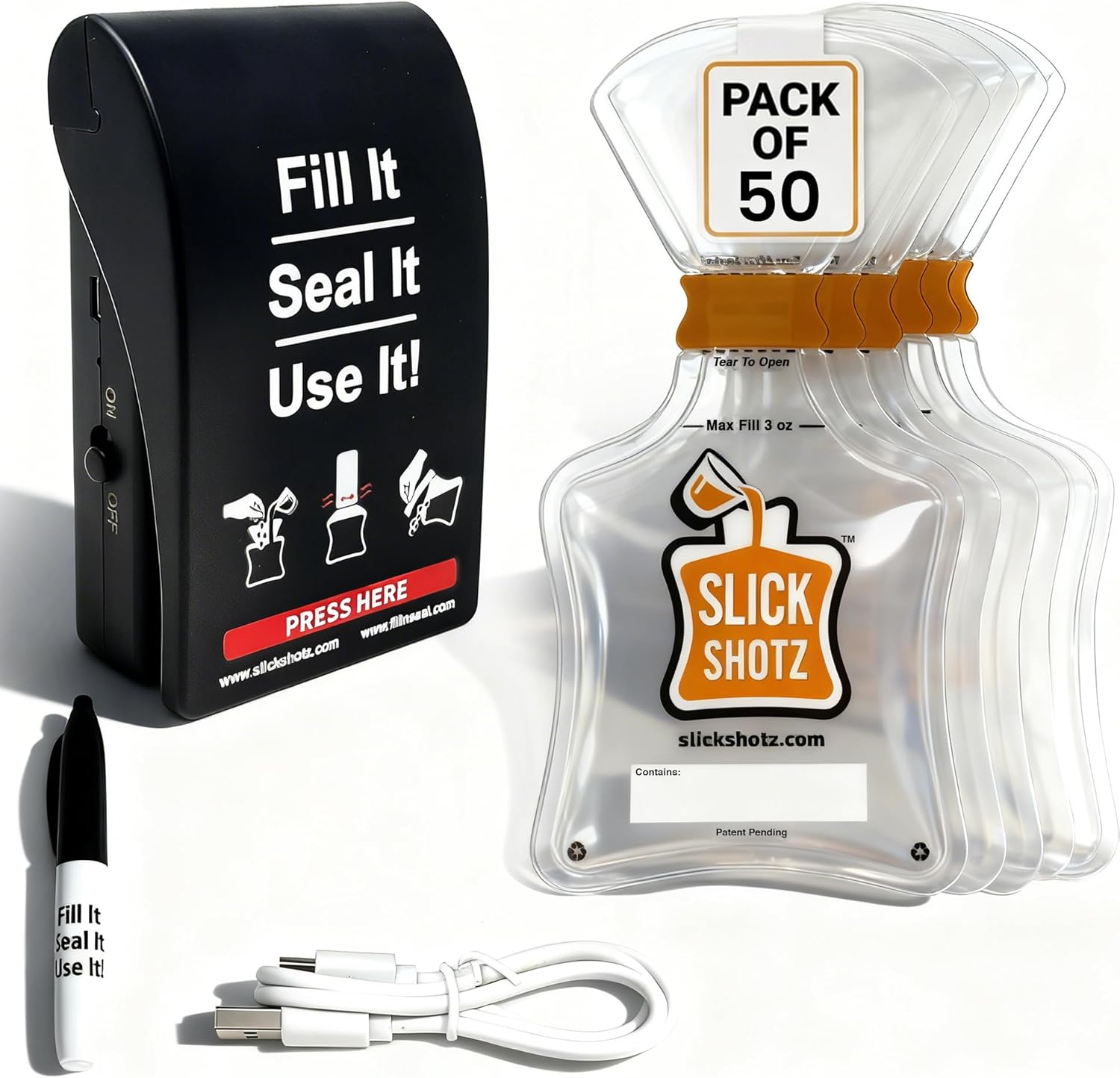 Slick Shotz 50 Pcs Heat Sealed Plastic Flask Kit for Liquor – 3oz Leak Proof Drink Pouches for Alcohol with Heat Sealer and Mini Marker – Ideal for Cruises, Concerts, Flights, Events and Travel